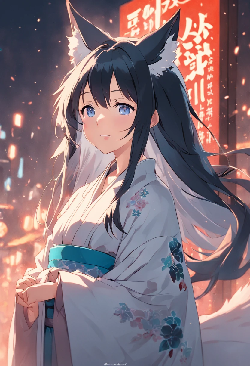 Adult woman, long black hair, blue eyes, white fox ears, open kimono, open chest, smile, masterpiece, high quality