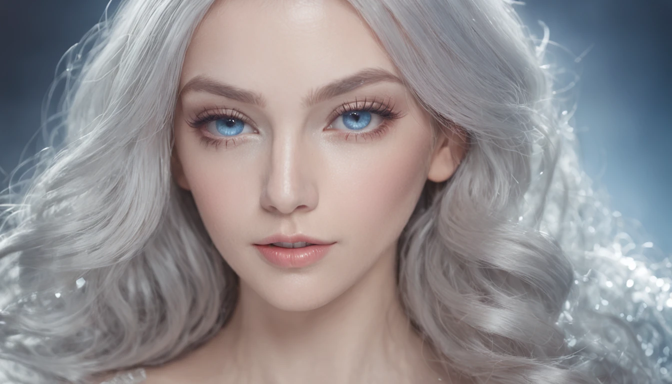 RAW photo of young English woman, color photograph, half length picture, close up portrait, ((a realistic photo of a beautiful young 18yo girl)), shadows, ((silver wing eyeliner)), (silver grey lipstick), ((pale iridescent skin)), dark eyes, leaning towards viewer, looking at viewer, sensual, erotic pose, smirk, shy, expressive hair, (dark hair), perfect facial features, perfect realistic skin, high quality, very detailed face, night, small breasts, futuristic model,
