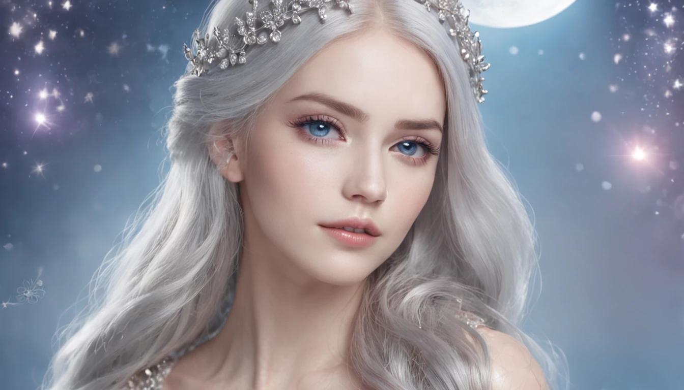 Illustration of the moonlight goddess,Exquisite and dreamy,Mysterious light,The night is gentle,Silver hair flowing,Blue eyes,It's like a fairyland,romantic atmoshere