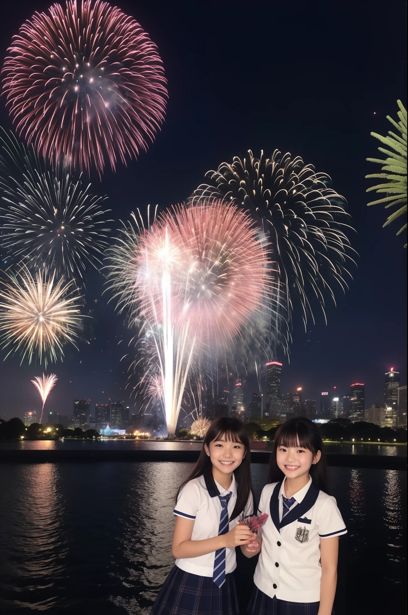 A smile、hi-school girl、校服、While doing fireworks、mare、Tokyo Skytree、cherry trees、a moon、stele、Aurora