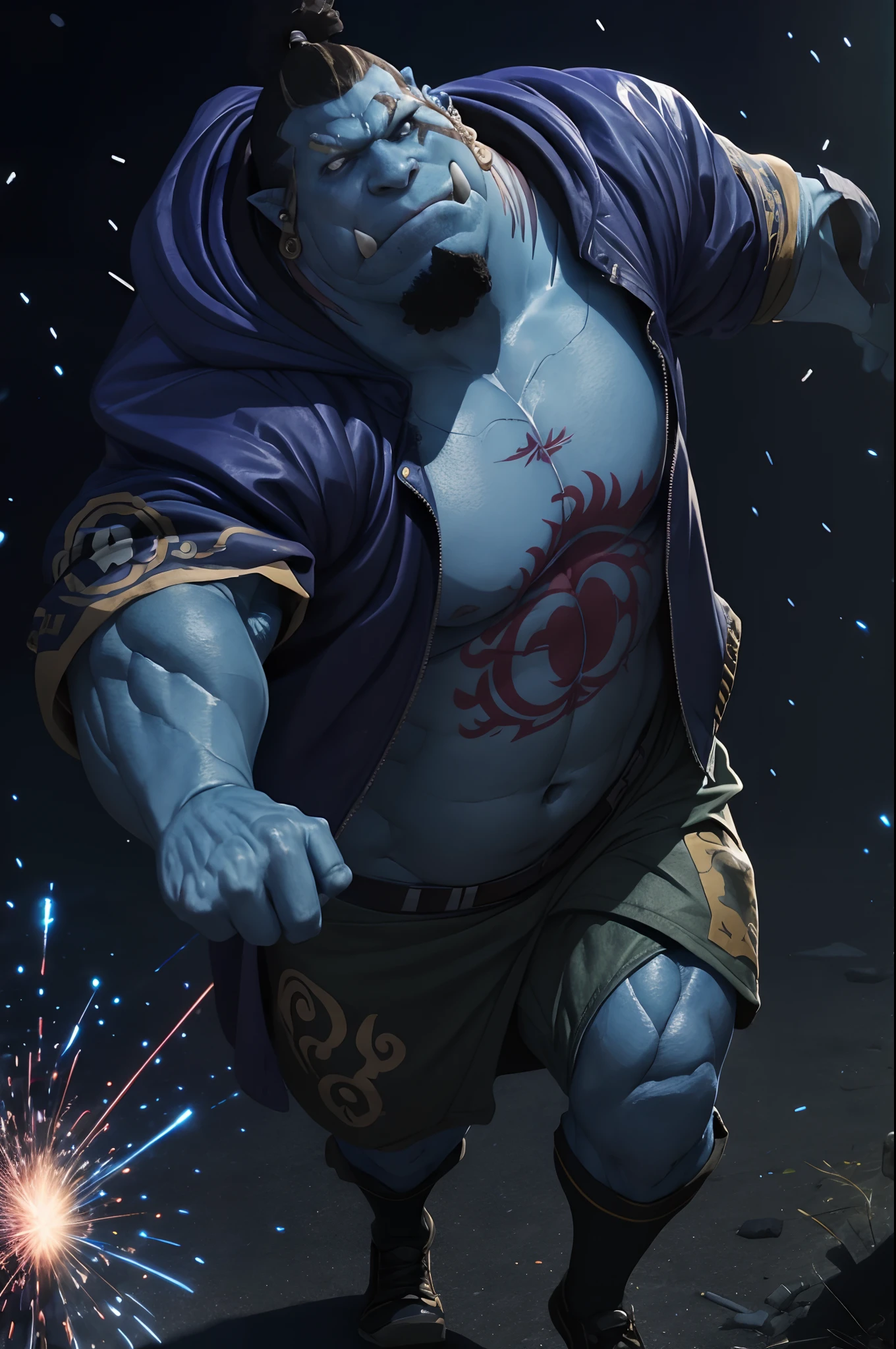 anime character with (blue skin) (old man), (tusk out), huge muscular, short hair, wearing jacket, (cinematic particle vfx background), dark background