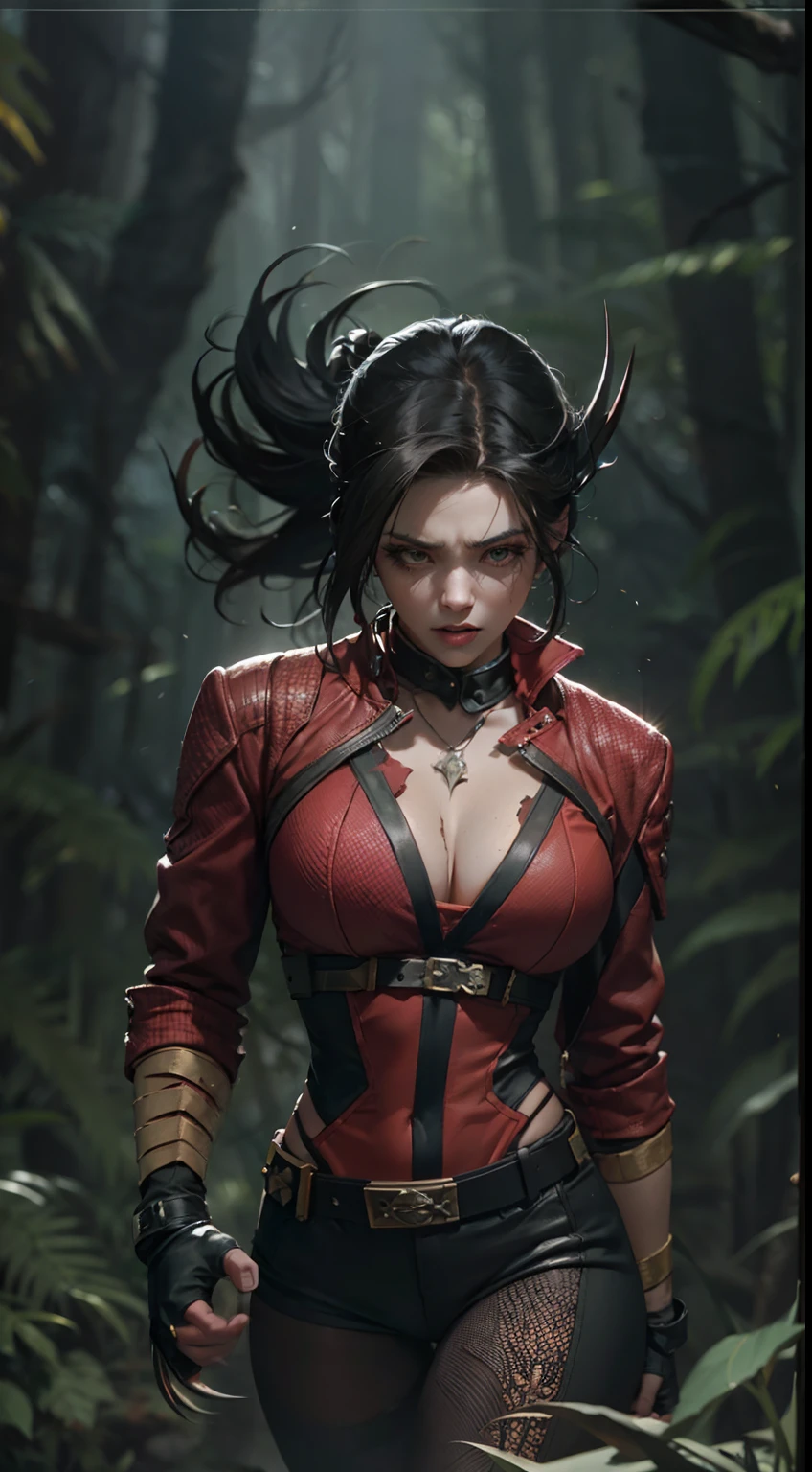 In the primeval forest,Dense bushes,Spooky woods,(realisticlying:1.2),(hentail realism),(tmasterpiece:1.2),(best qualtiy),(Hyper-detailing),(8K,4K,复杂),(full body shot shot:1),(85mm),Particle light,illuminating,(high detal:1.2),(Detailed face:1.2),largeeyes,beautiful goddess woman,putting makeup on,s the perfect face,Perfect lighting,1girll,Marvel hero movies,Participated in movies《Wolverine》A corner,Female version of Wolverine,X-Men,Brown hair,Thick ultra-short hair,Wolverine,Landslides and ground fissures,The ground shook,Death glow,Serious look, jaqueta de couro,Sexy tights,Openwork coat,Leather boots,Thin waist and thick hips,upper legs,Faust,huge boob,angry look,green pupills,Wolverine's claws grow on the hands,(Wolverine suit:1.2),Gravel background,Broken ground,As Wolverine Logan,Hands clenched into fists,(Details Wolverine Steel Claw),(No underwear),(finelydetailedskin:1.3),(nice hand),Detailed hands,detailed back ground, perfect eyes, Seductive eye, looking at viewert, From the front,cinematric light,edge lit,超高分辨率,Best shadow,delicated,octanerender,unreal-engine,