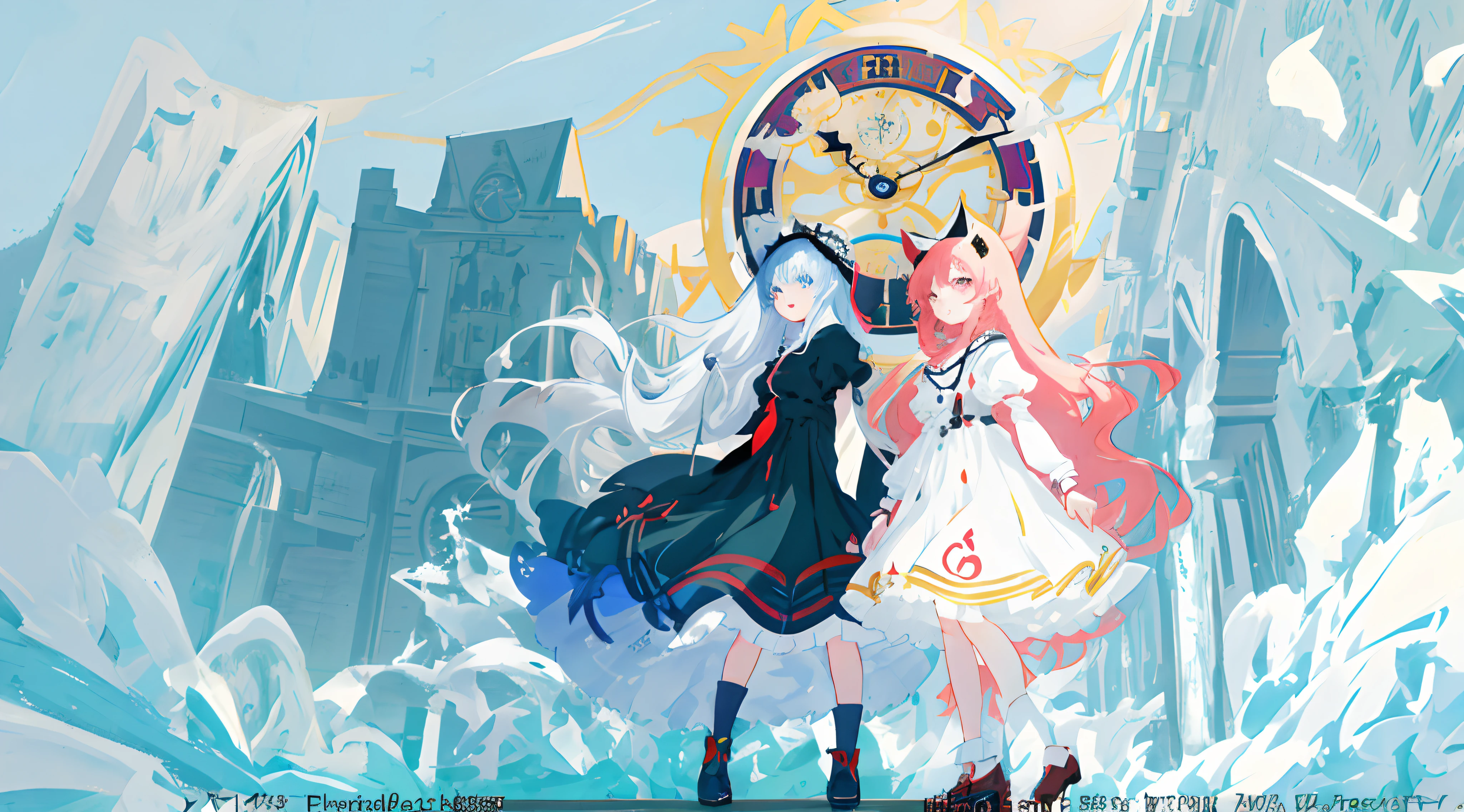 Anime - Stylistic illustration of two girls in dresses standing in front of a clock, Splash art anime Loli, A scene from the《azur lane》videogame, Pixiv style, artbook artwork, 《azur lane》role, Kushatt Krenz Key Art Women, zerochan art, two beautiful anime girls, trending on artstation pixiv, Official artwork, Anime fantasy illustration