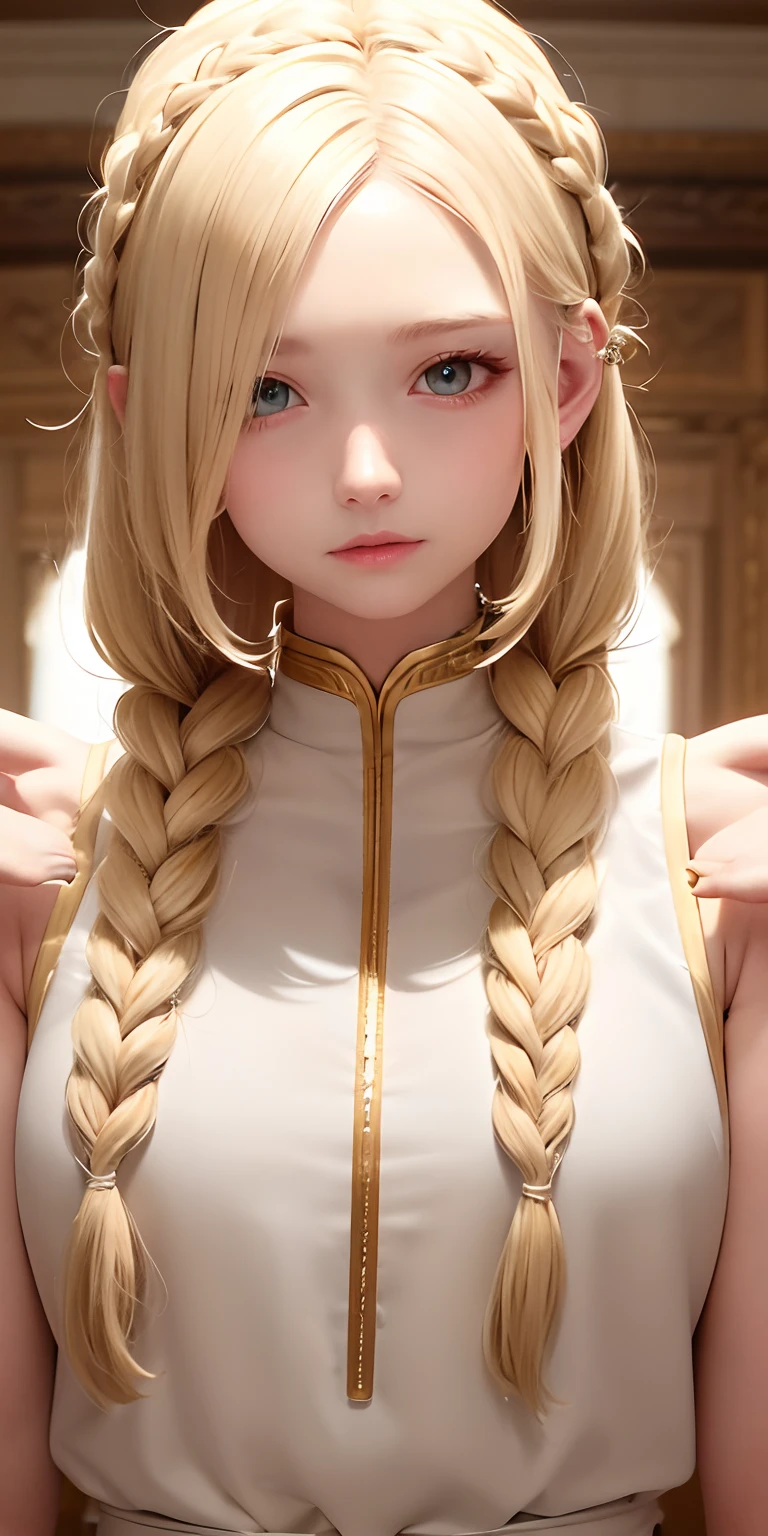 Top quality, masterpiece, blonde, gold-eyed, white clothes, look up, upper body, hair strands, fair skin, side braids