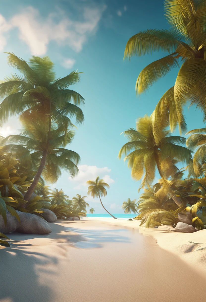 3d render, tropical beach background, macro panorama, wide panoramic wallpaper, 4k high definition, realistic