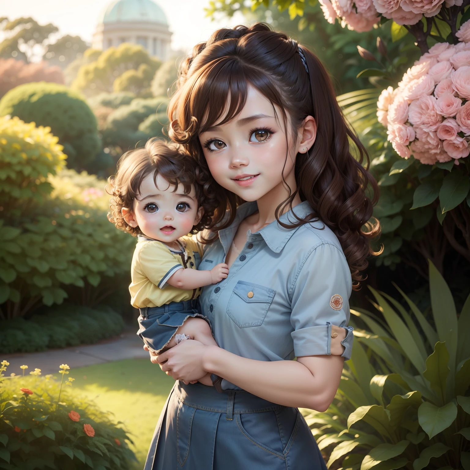 Cute Chibi Anime,Curly Sauvage Hairstyles with Brown Hair,A smile,Denim shirt and floral pleated skirt,The background is the Royal Botanic Gardens, cue