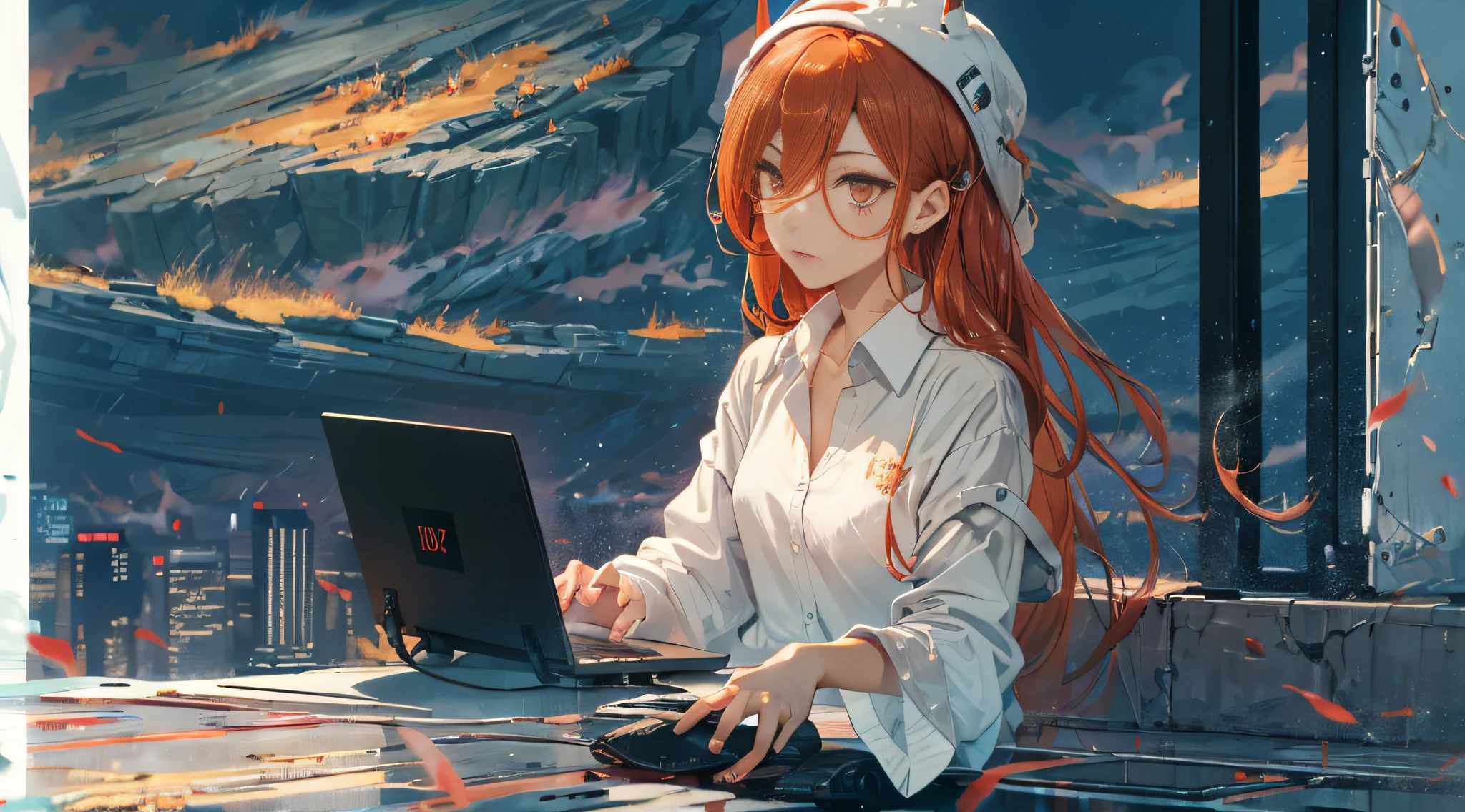 octane, sky, Star (sky), scenery, Starry sky, Night, 1girll, Night sky, Solo, Outdoors, Building, Cloud, comets, Milky Way, Sitting, Long red hair, White shirt, Golden eyes, Black panties, Wet, Sexy, futures, Silhouette, Cityscape, Amazing, power, Aura, A hacker talking about cybersecurity, Red hair, Black shirt, server, Cyber, laptop.