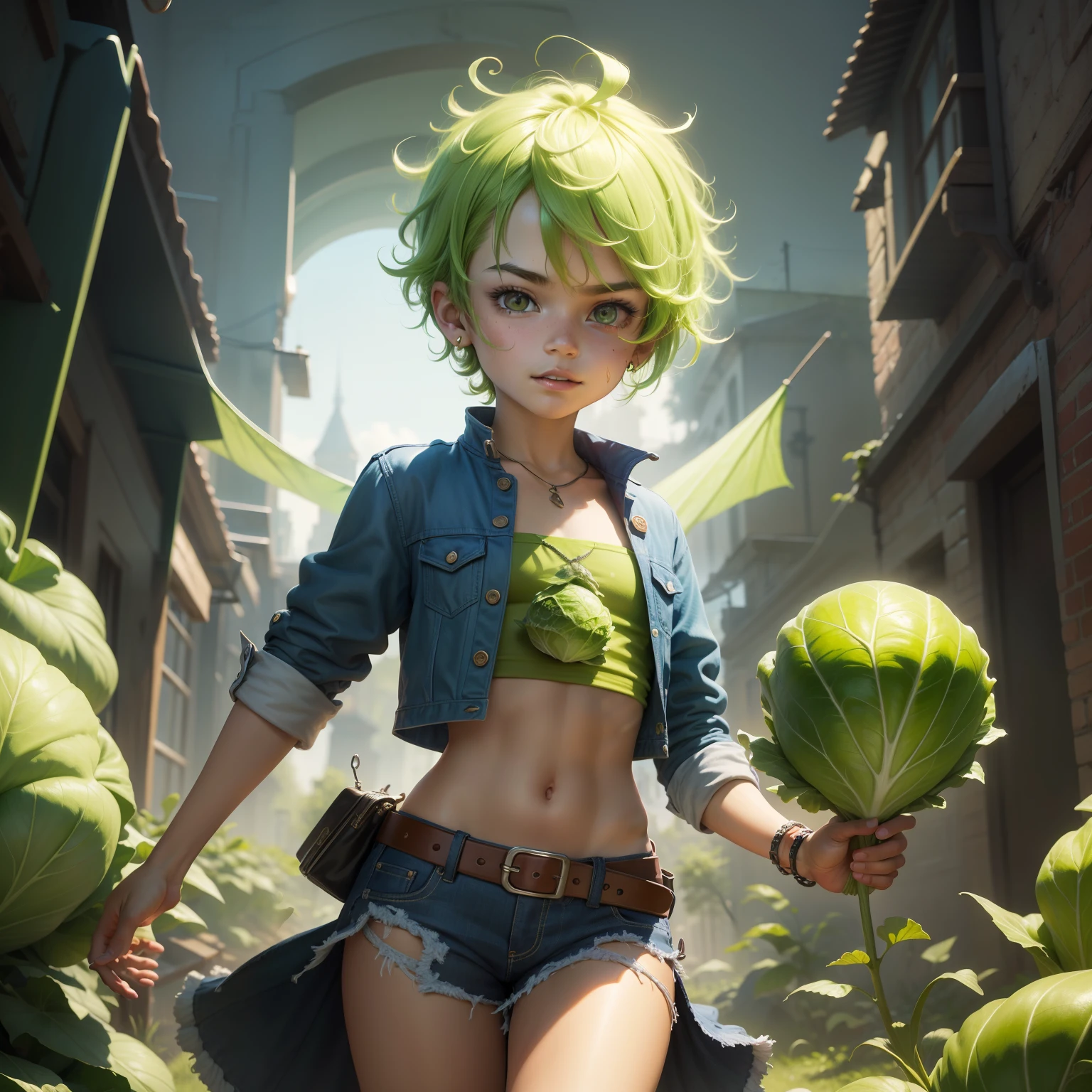Hybrid of a ager and cabbage, Masterful painting, hiquality, ultra- detailed, Colorful caricature style, Brilliant lighting, Scenic paints, bright colours, A young hero with a cabbage head, Fashionable outfits of a teen, Dynamic poses, Wonderful little things in the background, Playful details, Cheerful atmosphere.