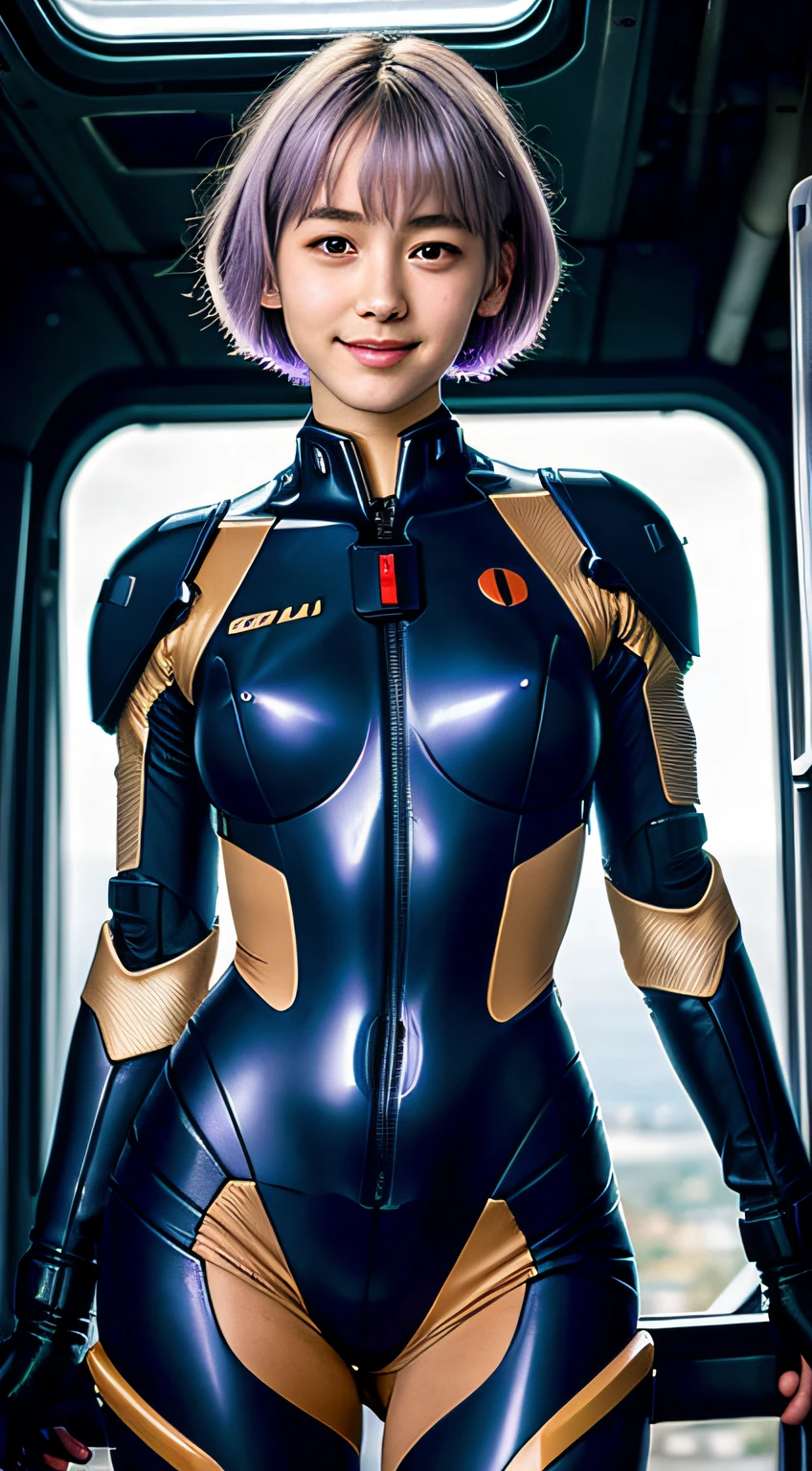 Evangelion movie (masterpiece), (realistic),  portrait of young woman , floppy hair, lavender hair, 18 year old, rei ayanami, Japanese woman, young woman , smooth skin, female focus, solo, realistic, short hair, looking at viewer, blurry, formal, black suit, futuristic armor, mecha, perfect teeth, (genuine smile: 1), inside futuristic cockpit, light hazel eyes, sci fi plugsuit, thumbs up, phone camera, selfie, pose