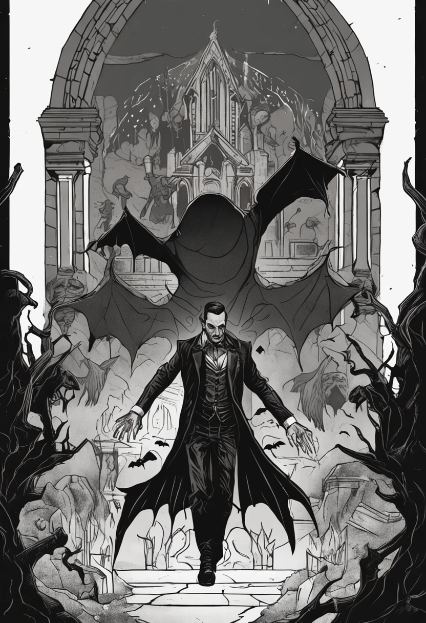 Dark fantasy vibes, corpo inteiro de um vampiro (homem) conde dracula com olhos vermelhos, intrincado (preto) e roupas vermelhas, saindo de uma intrincada e antiga cripta de pedra suntuosa durante uma noite escura,(master part, melhor qualidade, absurdos, fotorrealista:1.4), ((arte de fantasia)), colorido, bom design, good composition, circunstanciado, intrincado, realistic background, Volumetric lighting, Subsurface scattering, (cinemactic, perfect lighting, sombreamento perfeito), ::n_ boneco, anime, baixa qualidade, desenho