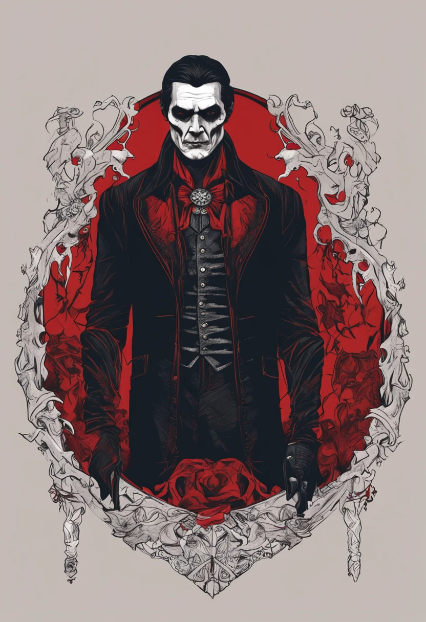 Dark fantasy vibes, corpo inteiro de um vampiro (homem) conde dracula com olhos vermelhos, intrincado (preto) e roupas vermelhas, saindo de uma intrincada e antiga cripta de pedra suntuosa durante uma noite escura,(master part, melhor qualidade, absurdos, fotorrealista:1.4), ((arte de fantasia)), colorido, bom design, good composition, circunstanciado, intrincado, realistic background, Volumetric lighting, Subsurface scattering, (cinemactic, perfect lighting, sombreamento perfeito), ::n_ boneco, anime, baixa qualidade, desenho