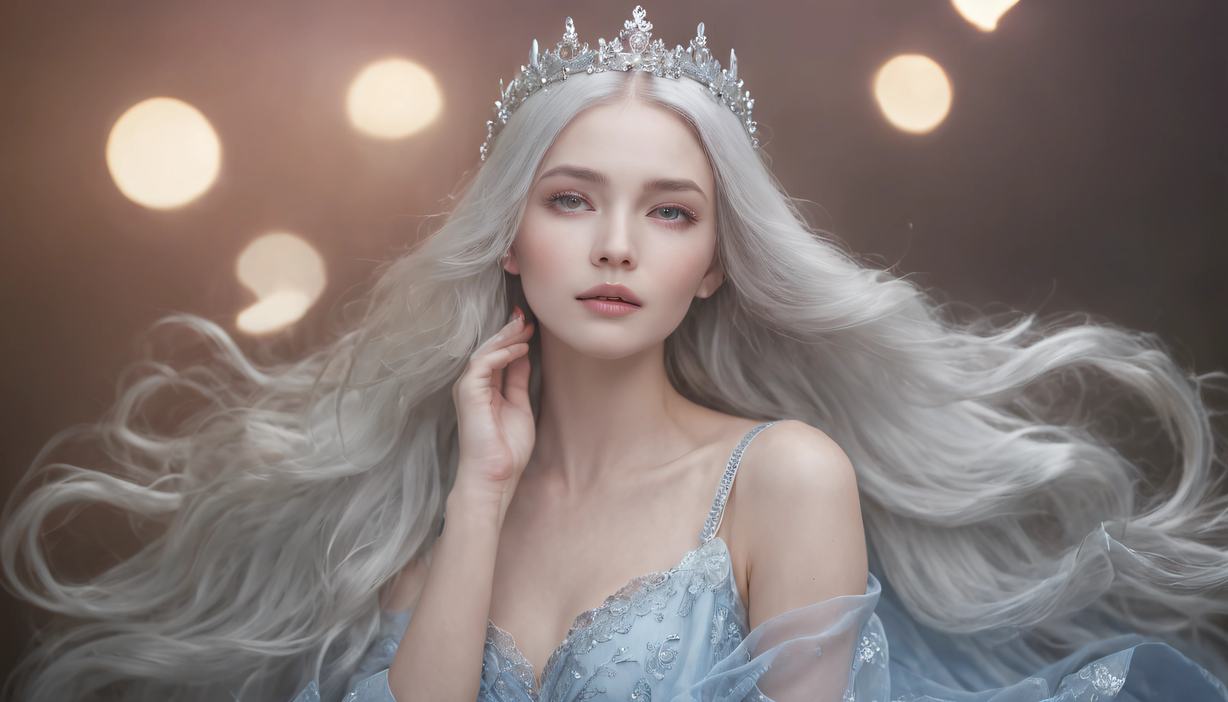 Illustration of the moonlight goddess,Exquisite and dreamy,Mysterious light,The night is gentle,Silver hair flowing,Blue eyes,It's like a fairyland,romantic atmoshere