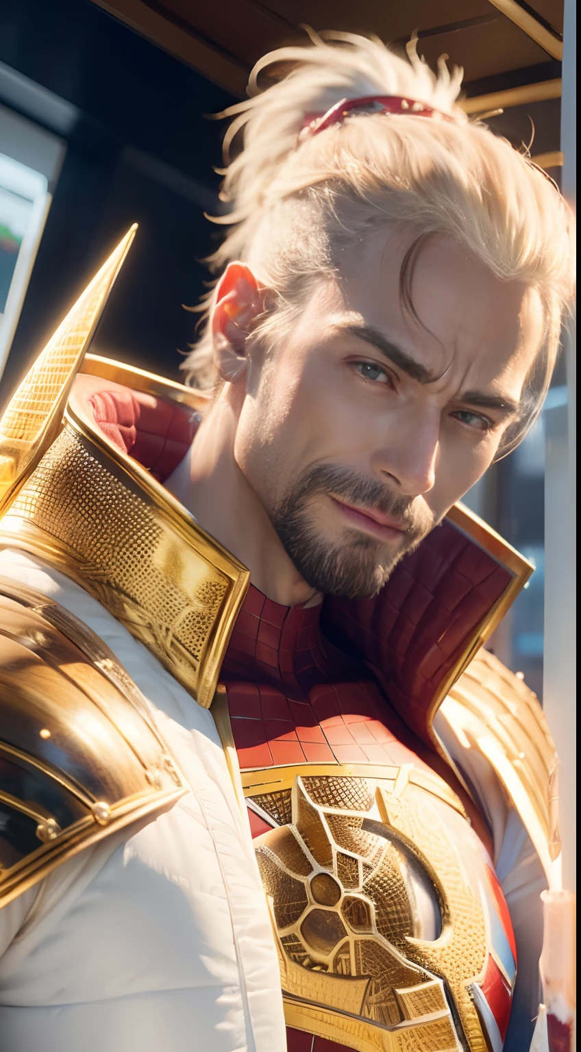 a closeup of a man with a gold and gold costume, super detailed render, 3 d render character art 8 k, intricate white and red armor, full samurai armor spiderman, iconic character of high detail, 8k render", octane render, "octane render", super detailed octane render, super render in octane render, hyper detailed 3 d render,  Futuristic Spider-Man Style, perfect hands, perfect fingers, looking at the camera, portrait