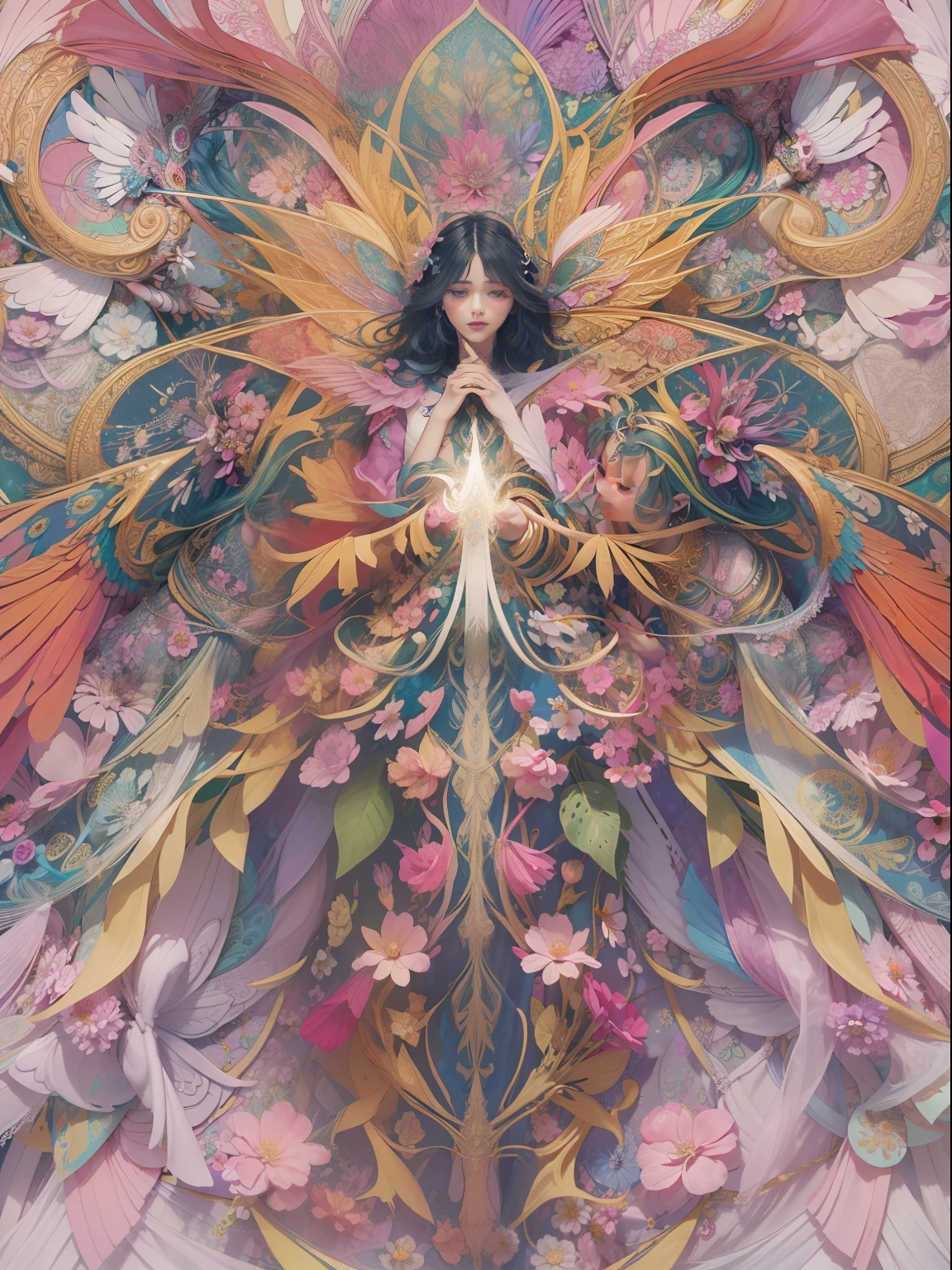 official art, unity 8k wallpaper, ultra detailed, beautiful and aesthetic, transparent colorful wings, holding a magic wand,beautiful, masterpiece, best quality, (zentangle, mandala, tangle, entangle), (ecstasy of flower:1.2) dynamic angle, cowboyshot, the most beautiful form of chaos, elegant, a brutalist designed, vivid colours, romanticism, atmospheri