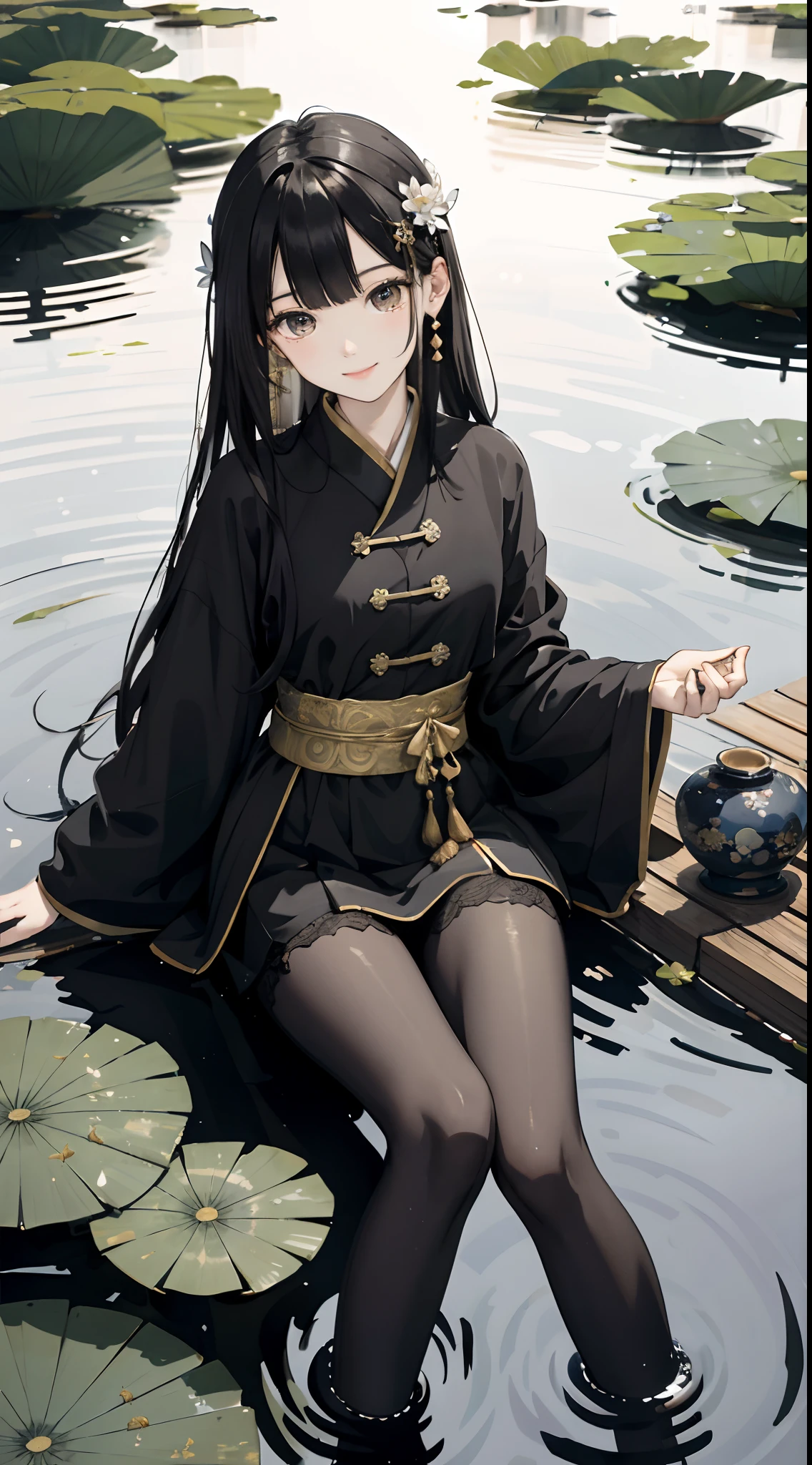 hoang lap,8K high resolution,ultra - detailed,(1girll:1.3),handpainted,Simple lines,16-year-old girl wearing black Chinese clothing,beuaty girl,In the lotus pond,tmasterpiece,Sit on a plank floating in the water,Floating hair,black pantyhoses,black pantyhoses,looking toward the viewer,ssmile,posed for photo,