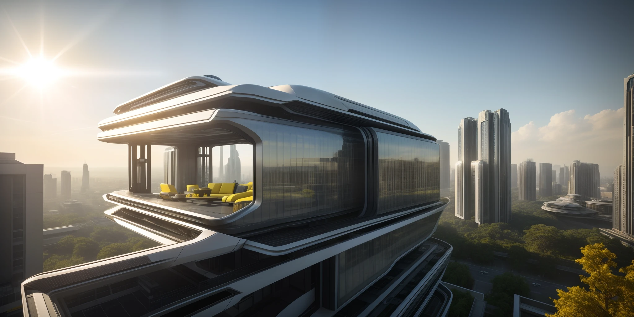 About futuristic complexes,1.4, Cinematic lighting:1.3, 1-way, (Masterpiece),(High quality), Best quality, Real,(Realistic),(Yellow sunlight:1.2), blue clear skies:1.4, sunlights:1.2, , Super detailed, (fulldetail),(4K),8K Unreal Engineer rendering, Arch daily, No Man, Outdoors, White light from the interior:1.2, sky, tree,High-rise buildings without load-bearing columns。Many buildings are framed by a huge main body。Futuristic,asymmetrical design,External frame structure