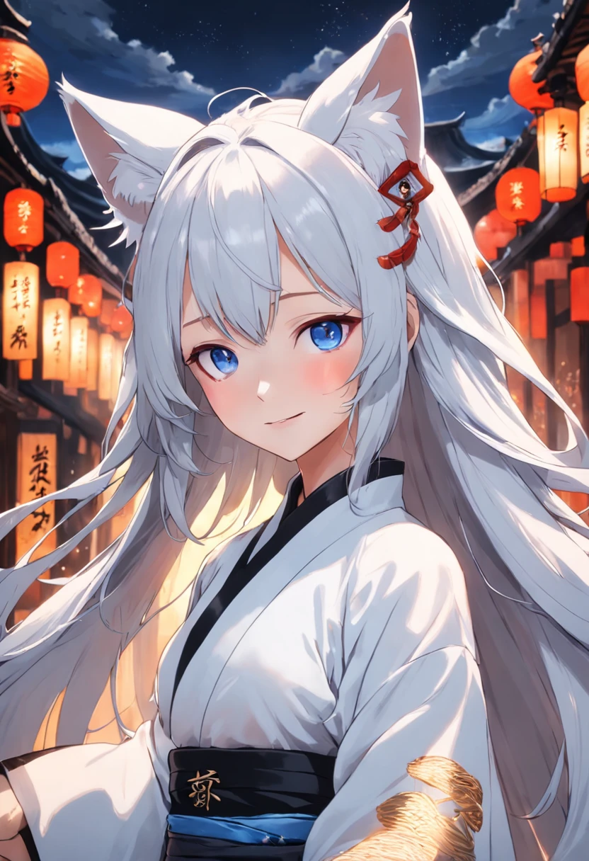 grown woman,cabelos preto e longos,eBlue eyes,White fox ears,Open Hanfu,Open the chest,ssmile,tmasterpiece,high high quality