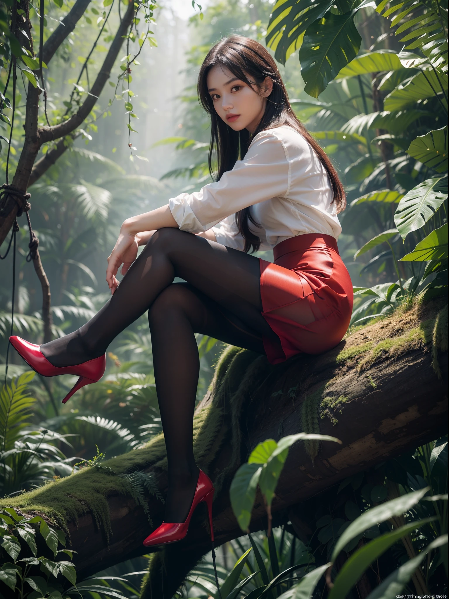 (full body:1.5),((1girl):1.4),(view the viewer:1.4),(anatomy correct:1.3),(Sitting on a tree in the jungle:1.2),(A black and red Elastic skirt :1.2),((Wheat Pantyhose):1.3),( girl pointed thick heels :1.1),(Accurate and perfect face:1.3),hyper HD, Ray traching, reflective light, structurally correct, Award-Awarded, high detail, lighten shade contrast, Face lighting ,cinematic lighting, masterpiece, super detailing, high quality, high detail, best quality, 16k,High contrast,