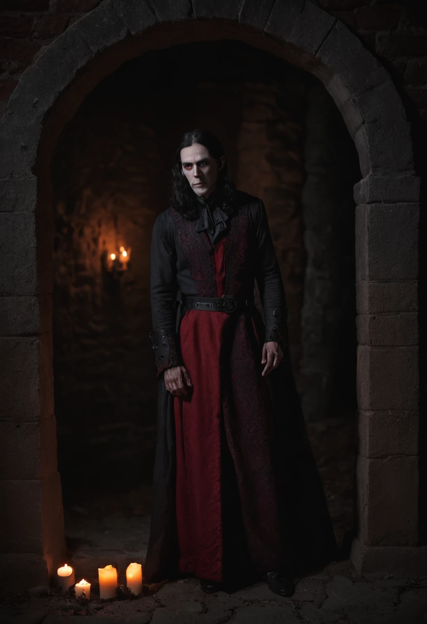 Dark fantasy vibes, corpo inteiro de um vampiro (homem) conde dracula com olhos vermelhos, intrincado (preto) e roupas vermelhas, saindo de uma intrincada e antiga cripta de pedra suntuosa durante uma noite escura,(master part, melhor qualidade, absurdos, fotorrealista:1.4), ((arte de fantasia)), colorido, bom design, good composition, circunstanciado, intrincado, realistic background, Volumetric lighting, Subsurface scattering, (cinemactic, perfect lighting, sombreamento perfeito), ::n_ boneco, anime, baixa qualidade, desenho