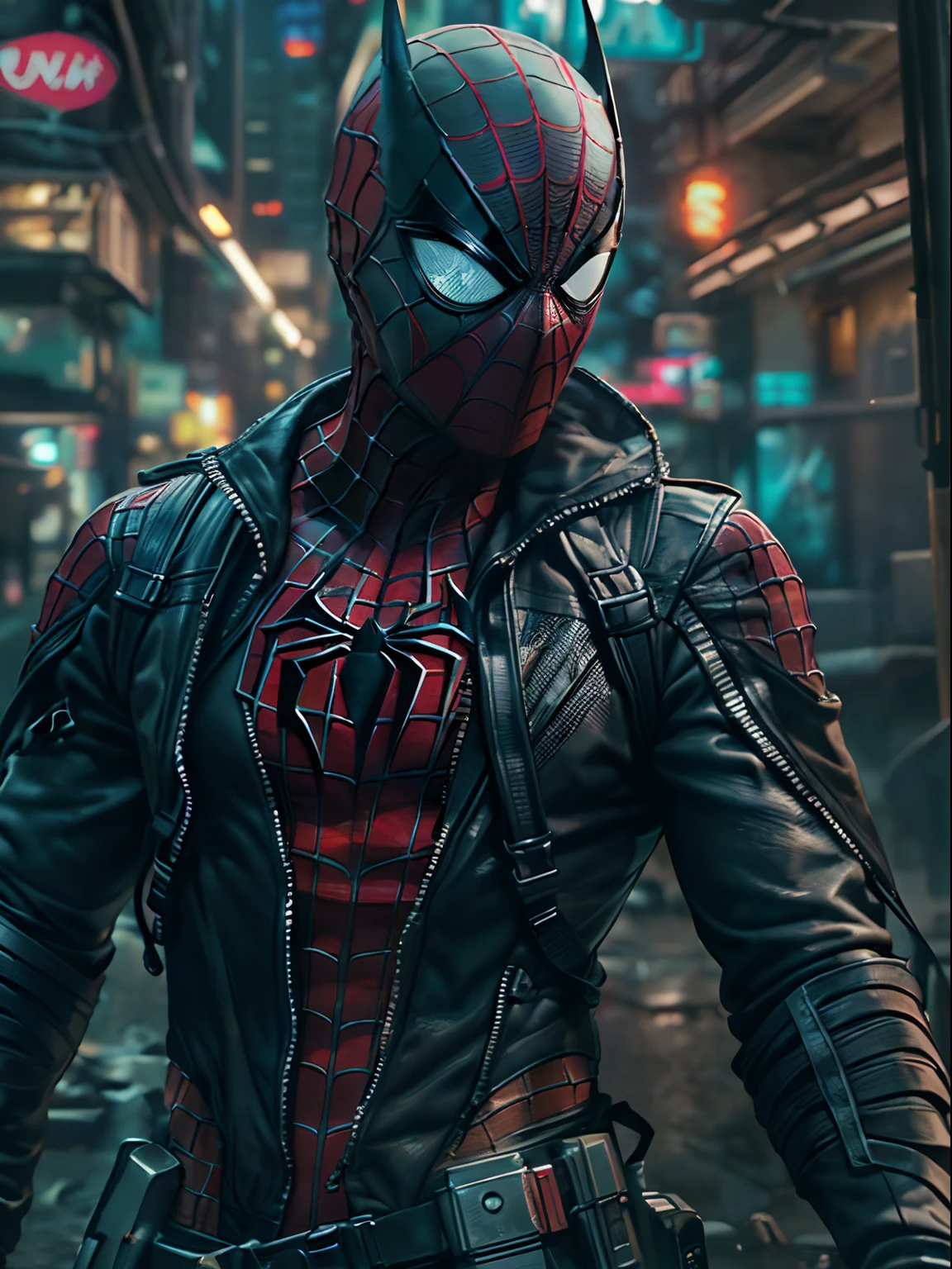 Spiderman and batman combined, (top-quality、8K、32K、masterpiece、)、(The ultra -The high-definition)、(Photorealsitic:1.4)、Raw photography,Perfect eyes,Charming perfect figure,actionpose:1.2,Detailed cyberpunk fashion、World of Cyberpunk,depth of fields,blurry backround,、