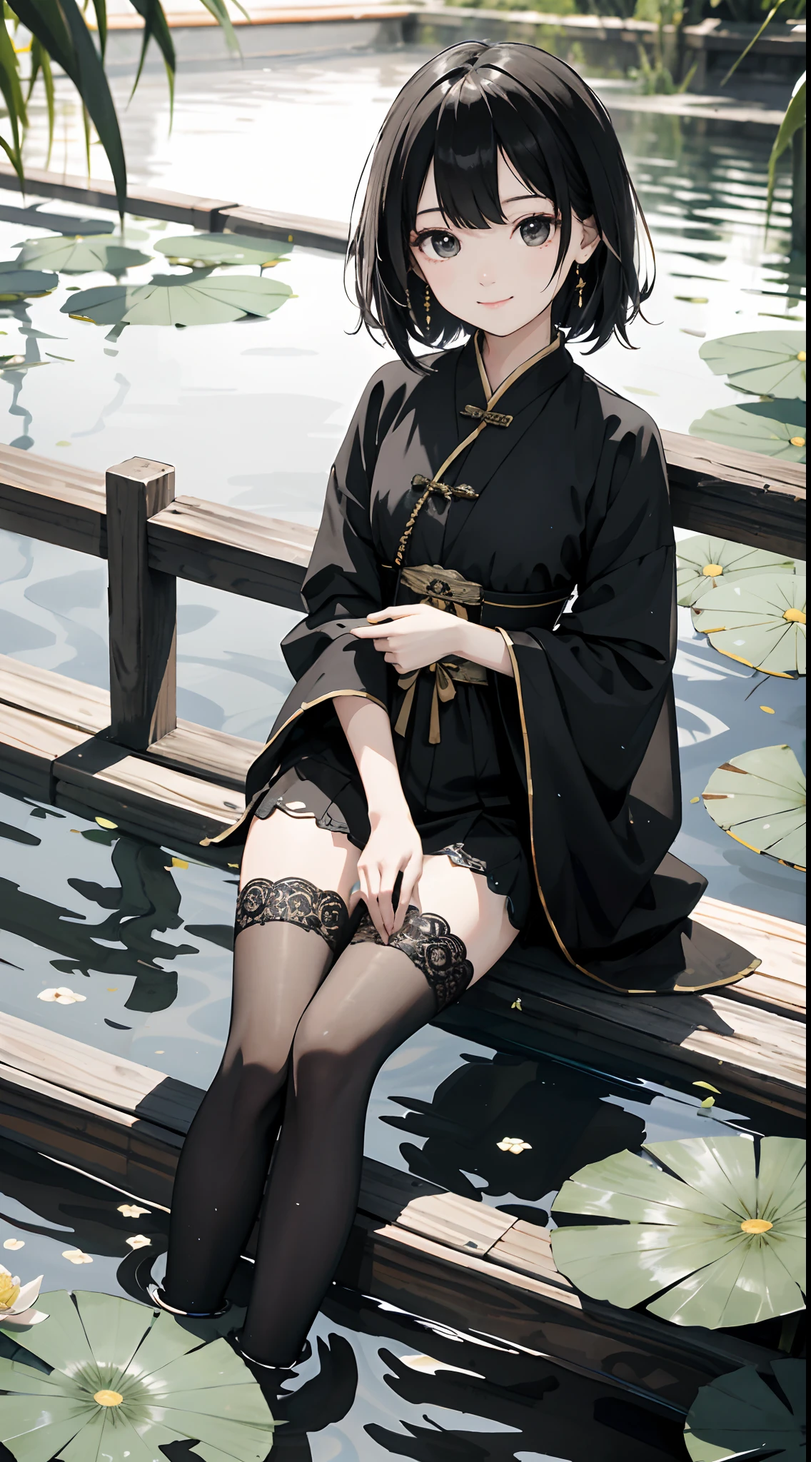 hoang lap,8K high resolution,ultra - detailed,(1girll:1.3),handpainted,Simple lines,-yeld giwearing black Chinese clothing,beuaty girl,In the lotus pond,tmasterpiece,Sit on a plank floating in the water,Floating hair,black pantyhoses,black pantyhoses,looking toward the viewer,ssmile,posed for photo,
