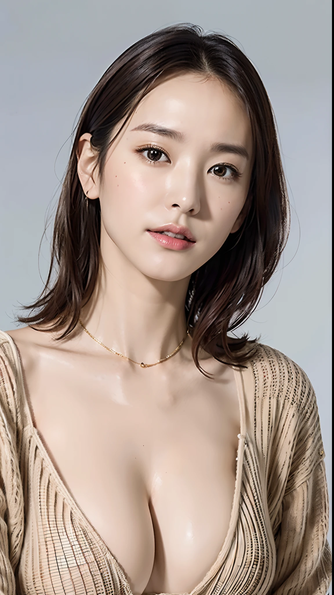 (top-quality、8K、32K、detaileds:1.3、nffsw:1.2)、Photo of a cute Japanese woman、large full breasts、very short bobbed hair、no-bra、erectile nipple、a necklace、simple background、From above、looking at the viewers、Roll up a highly detailed turtleneck sweater、Photo-quality realistic skin、Highly detailed sweat。Different hairstyles for different shots, Different hair colors for different shots, Different poses and costumes for each shot, Shooting from different directions, View each shot from a different angle, Expressing different viewing angles。
