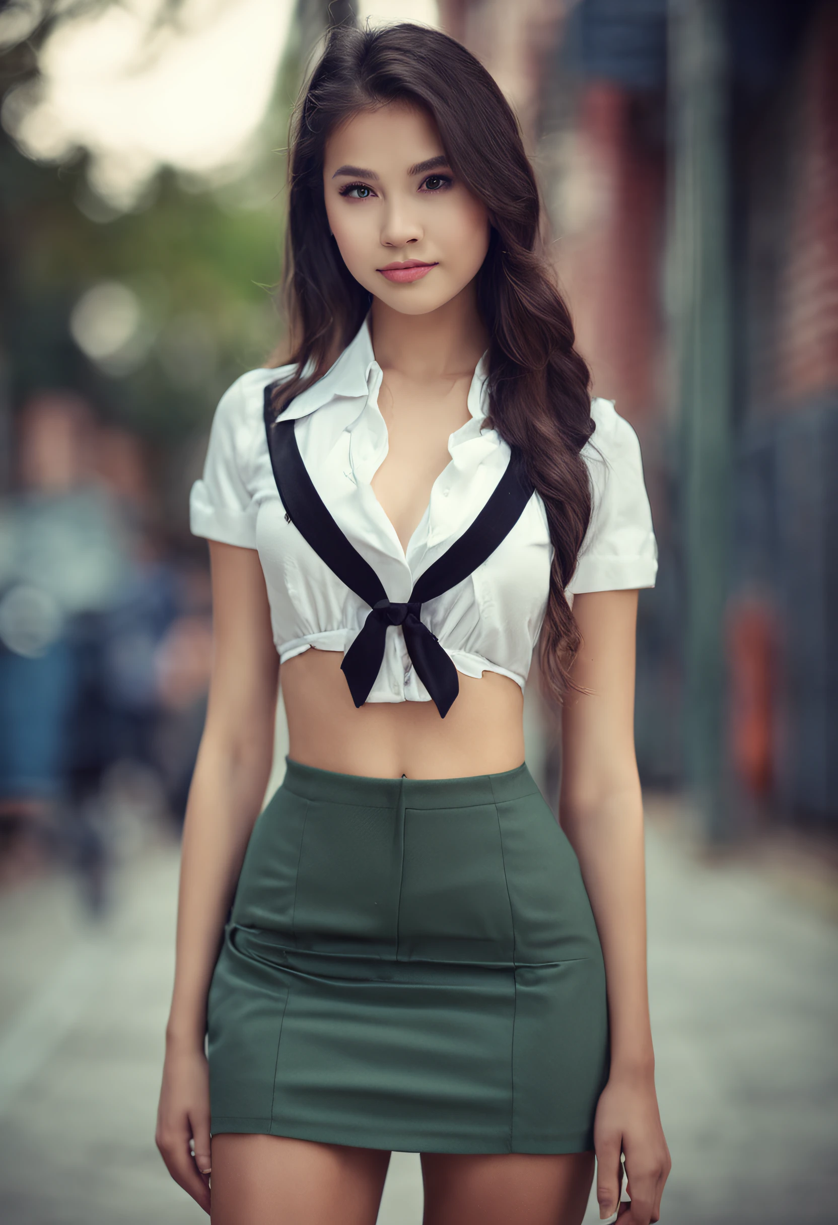 beautiful very young girl in schoolgirl uniform with very short skirt and without bra and open blouse, in a very sexy and provocative position