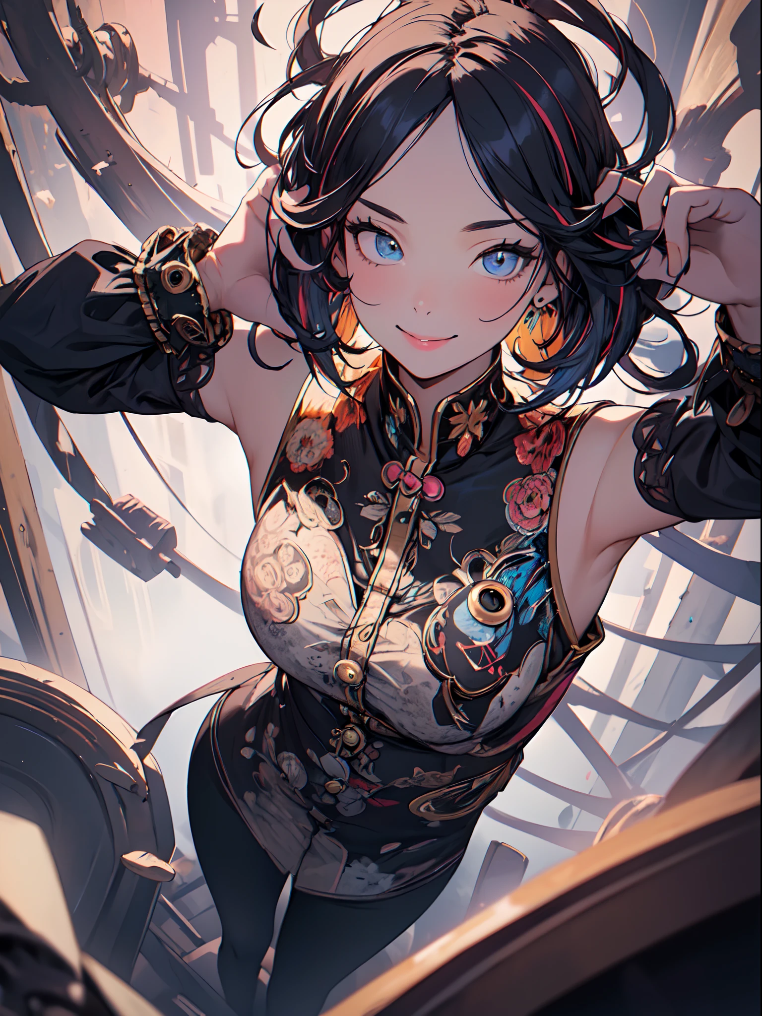 ((Dark Fantasy)),((disaster々Right)),innocent smiles、eye glass、ancient city、(1 girl in), (Solo:1.6),(Cute smile),(Clothes are simple), (Best Impact:1.5), (maximalism:1.7), Vivid contrast, (Realistic), hyperrealistic illustrations, hight resolution, ultra-detailliert, absurderes,(Fractal Art:1.3)、Random hairstyle、Random hair color colorful、FULL BODYSHOT、Retro、Precise focus、randome pose、cinema4d、Drama