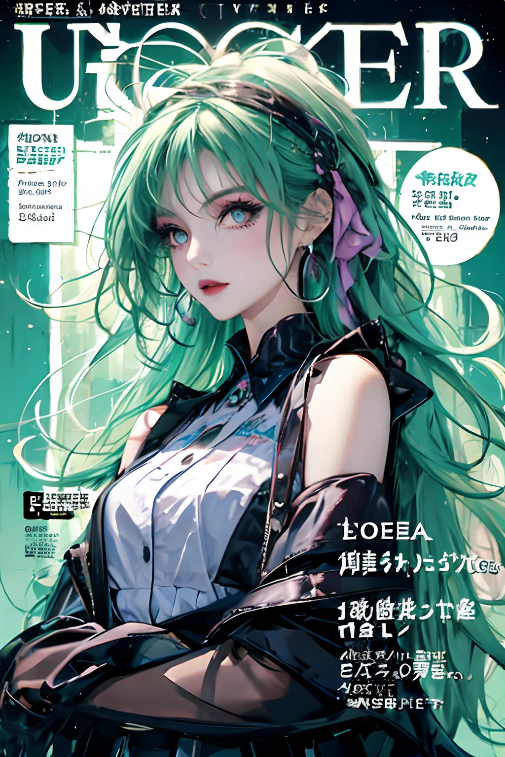 masterpiece, best quality, Gothic outfit, colorful neon hair, Gothic makeup,outdoor, magazine cover ,upper body,