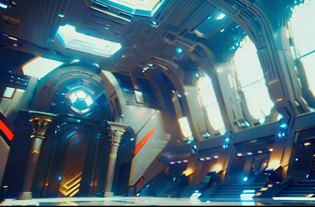 Futuristic (Интерьер Sky Fi) Sid Mead-style spaceship hall, tmasterpiece, 8K, (((Futuristic interior of the hall)))