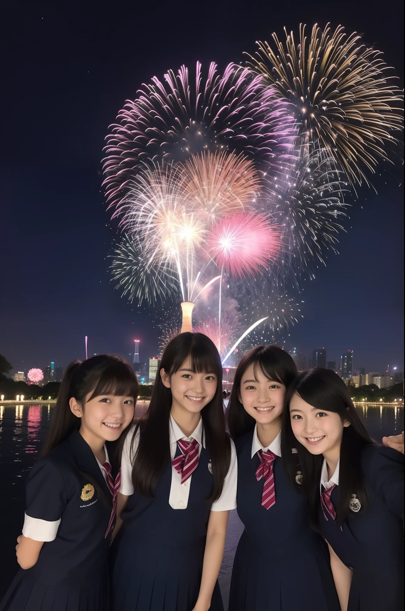 A smile、hi-school girl、校服、While doing fireworks、mare、Tokyo Skytree、cherry trees、a moon、stele、Aurora