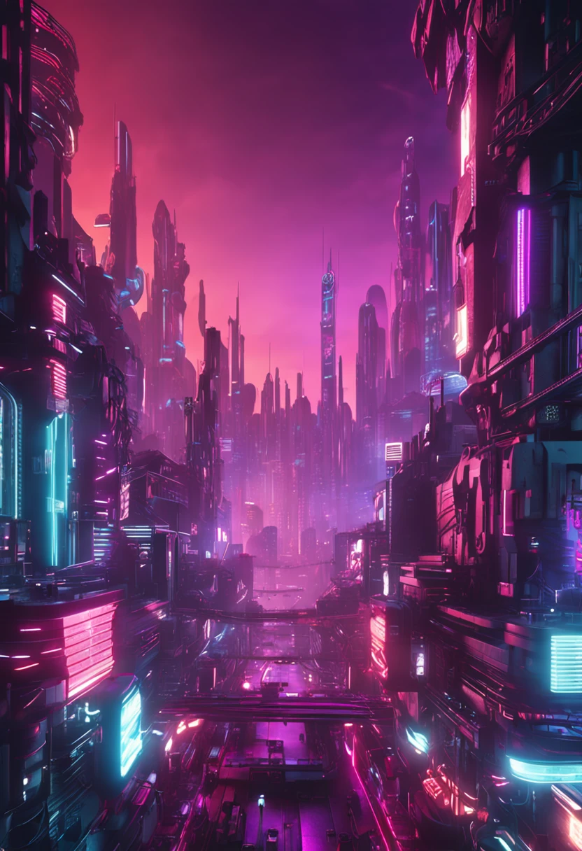 3d render, cyberpunk city background, macro panorama, wide panoramic wallpaper, 4k high definition, realistic