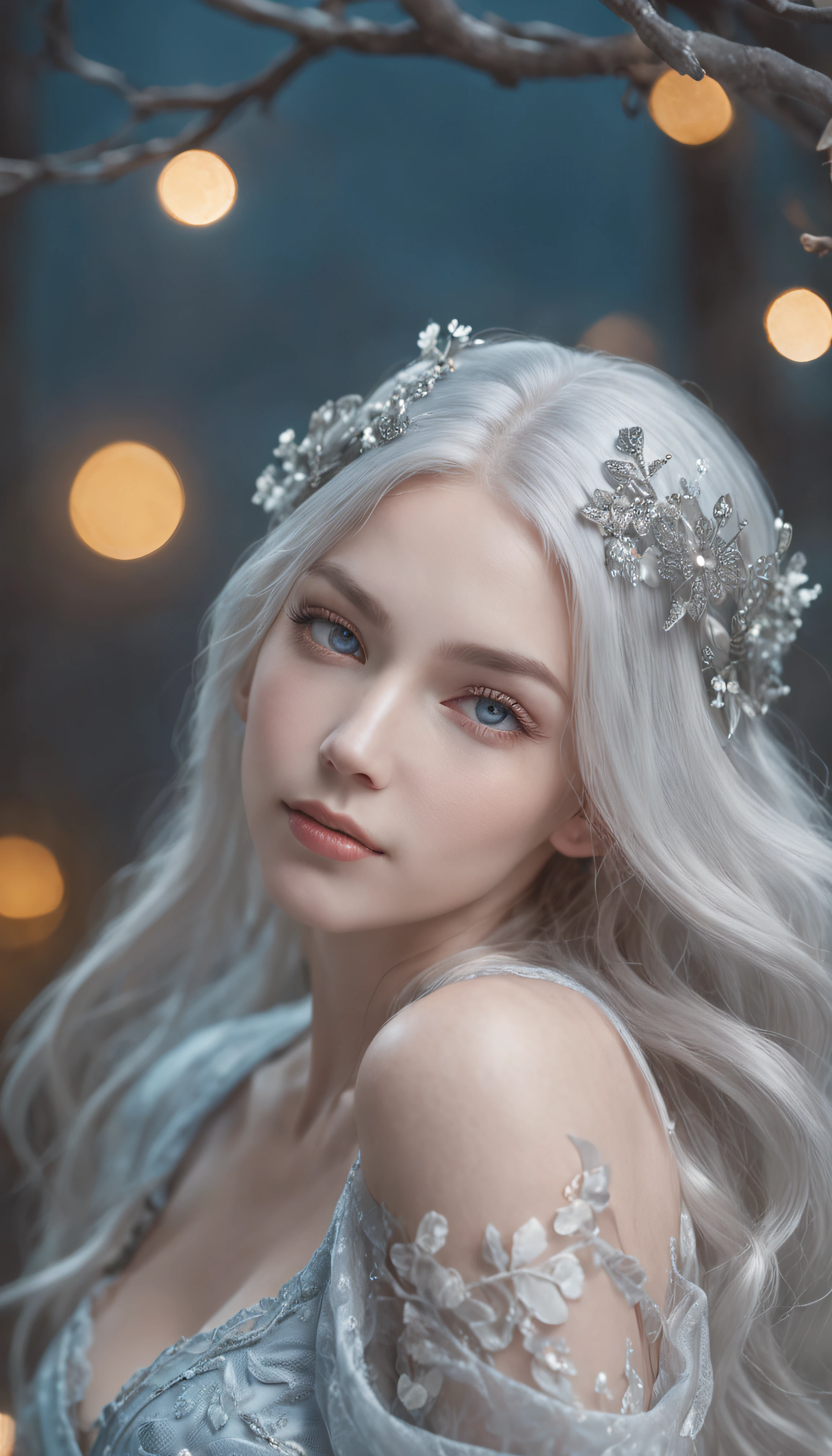 Illustration of the moonlight goddess，Exquisite and dreamy，Mysterious light，The night is gentle，Silver hair flowing，Blue eyes，It's like a fairyland，romantic atmoshere