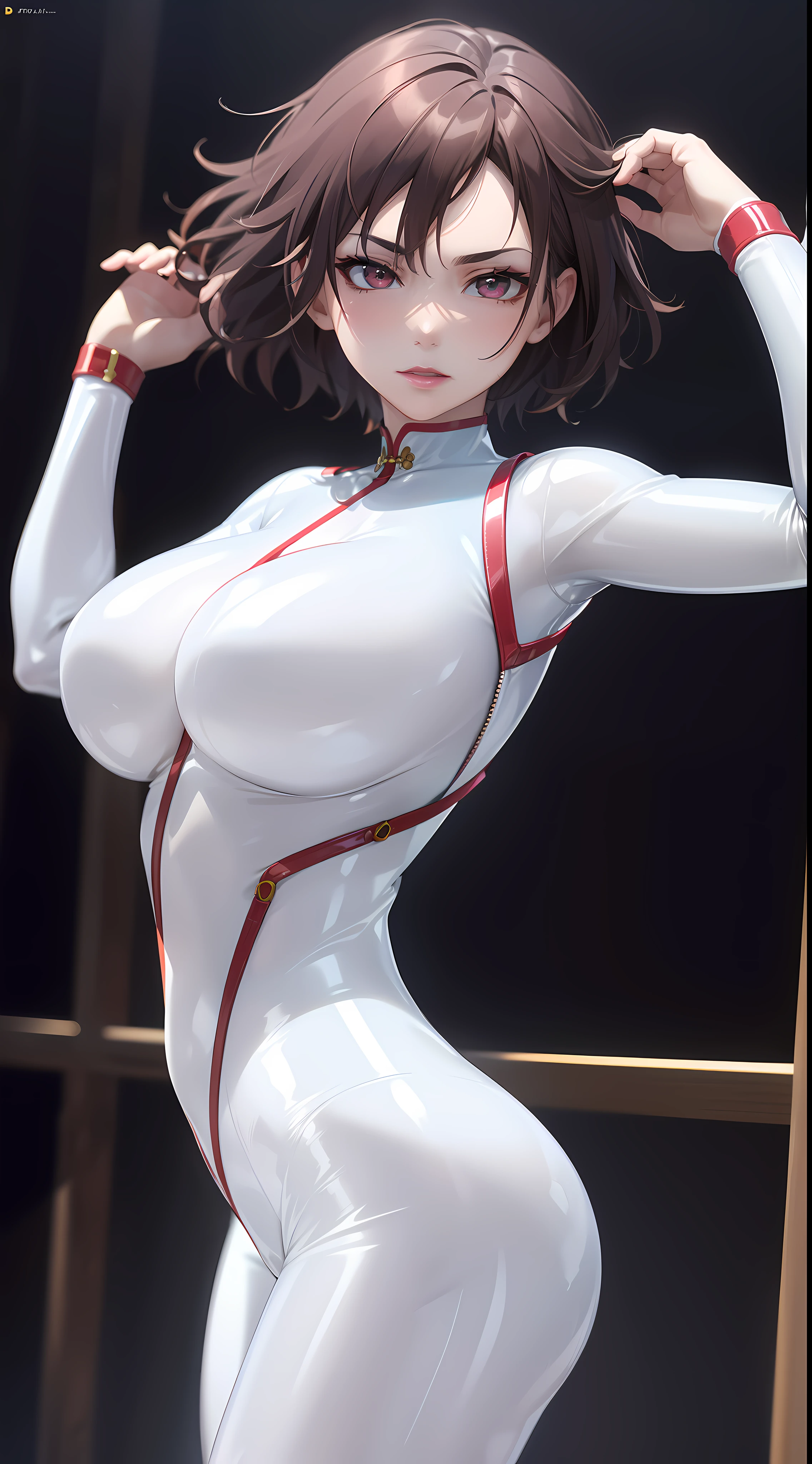professional artwork, Intricate Details, field of view, sharp focus, detailed painting, photorealistic lighting, trending on pixiv,(masterpiece:1.0),(best_quality:1.0), ultra high res, ultra-detailed, photography, 8K, HDR, highres, absurdres:1.2, Kodak portra 400, film grain, sharp focus, bokeh:1.2, lens flare, (vibrant_color:1.2), ultra detailed body, ultra detail hair, ultra detail face, Lee Mayfeng, (((white latex bodysuit:1.4))), (full body shot:1.1), mature female, 1girl, anime face, standing, solo, chinese dress, makeup, large breasts, lipstick, red eyes, short hair, brown hair, perfect body, (athletic body:1.1), perfect eyes, anime eyes, smoky eyeliner, eyeshadow, perfect face, shy, ((upper body, half body shot))