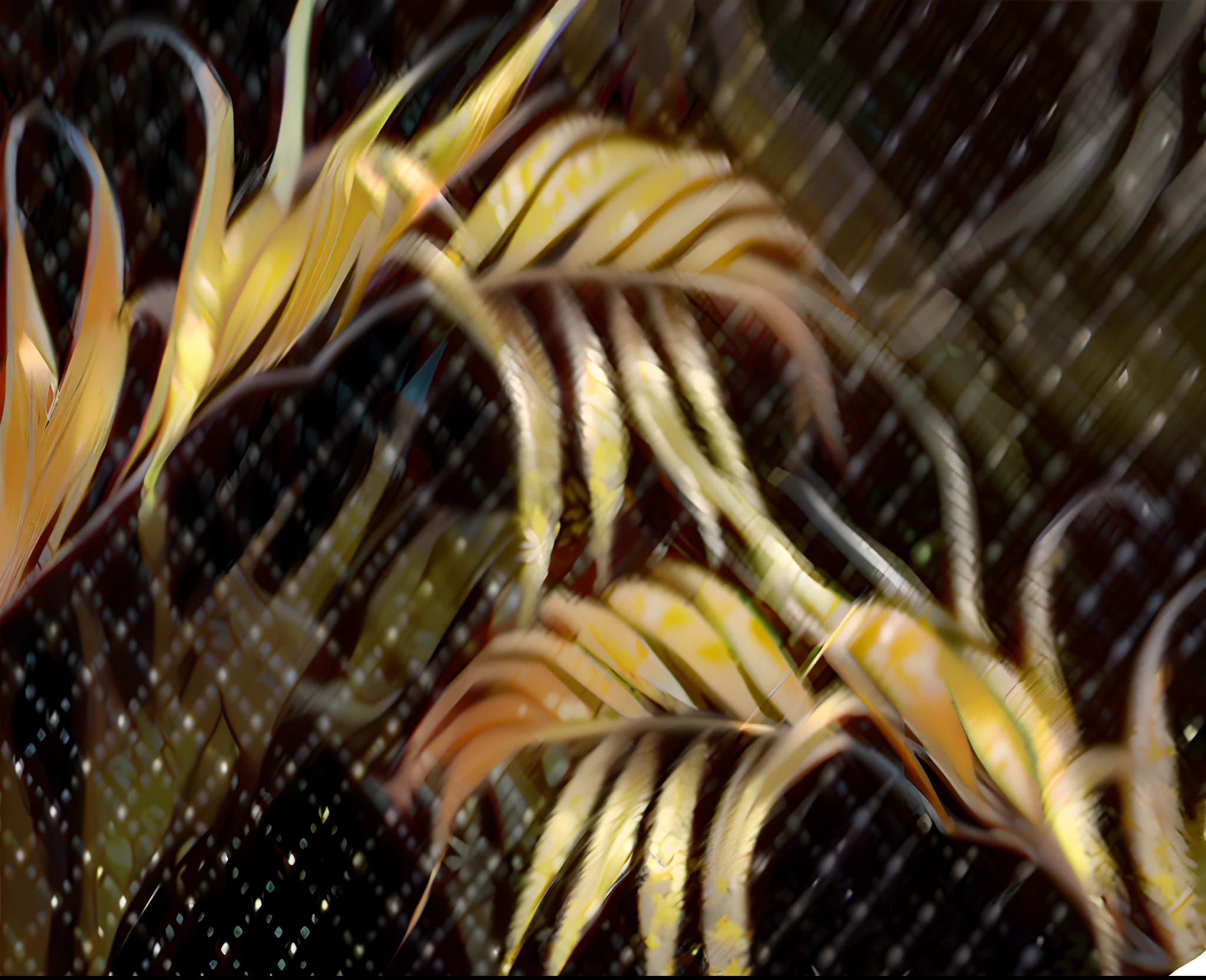 There is a close-up of a yellow-leaved plant, Gold leaves, golden feathers, golden leaves at frame border, flowing wires with leaves, screen cap, intricate art deco leaf designs, touch of gold leaf, Golden leaves, touch of gold leaf, Fractal leaves, delicate detailing golden stroke, golden lace pattern, Beautiful image, The palm pattern is visible, grainy footage