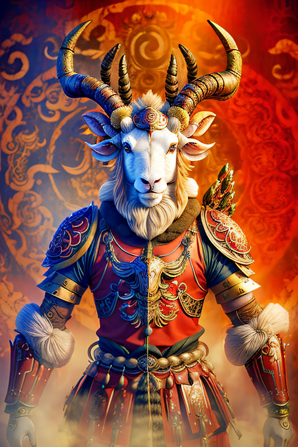Anthropomorphic Aries of the Zodiac, ancient Chinese battle armor, rusty sheep pattern on the armor, sheep head, horns, whiskers, human form, full body, ink painting style, extreme details