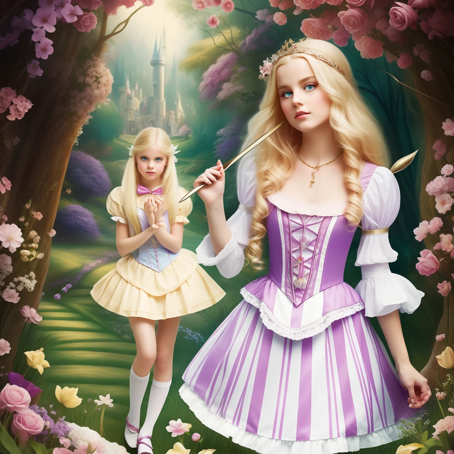 Blonde Alice from Alice in wonderland is in another world called floraland, alice in floraland, dreamy, fantasy, Alice lots of details, beautiful,