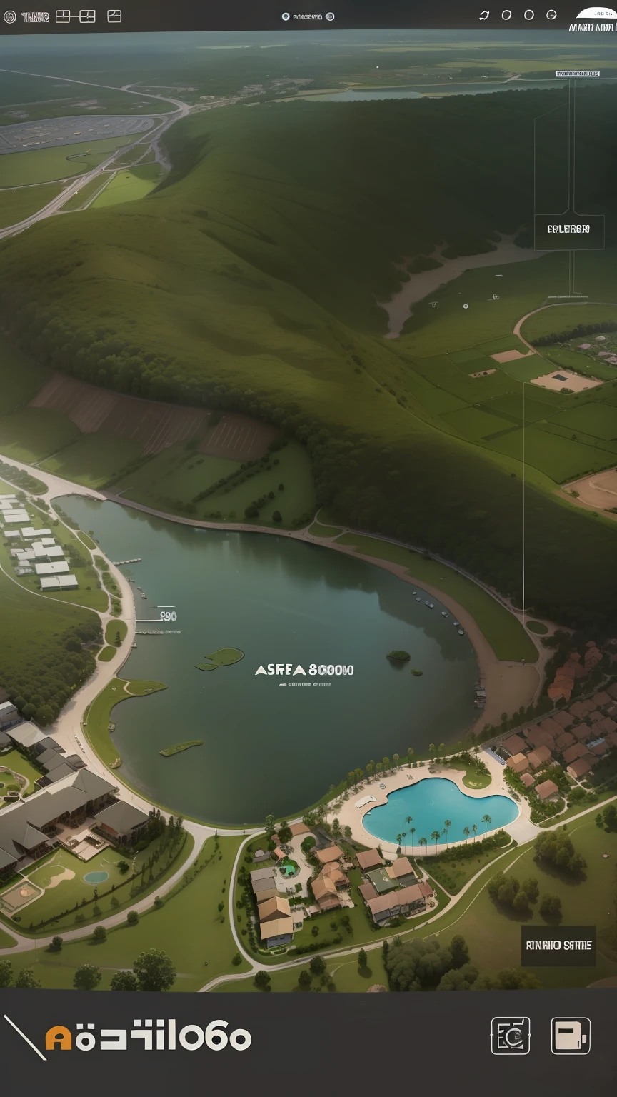 View from above, master plan, area 800Ha, lake in the middle 600Ha, around the lake entertainment complex - home stay - cafe - restaurant - restaurant - children's entertainment area - water park . modern youthful style