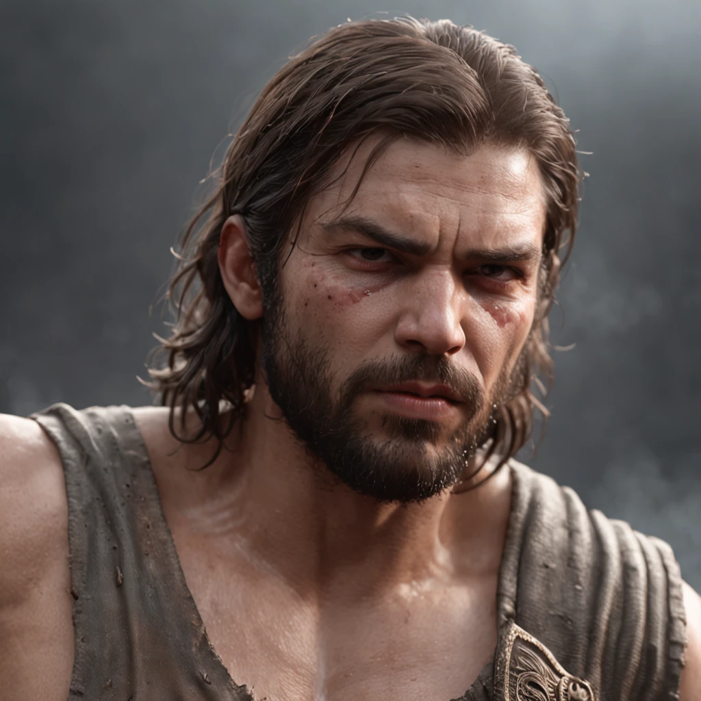 (Professional 3D rendering:1.3) de (Realistic:1.3) Foto de arte mais bonita do mundo,Features soft, bright male heroes, ((Epic hero fantasy rough muscular man wet hero angry look long hair short beard and fierce expression in dynamic pose, fantastic location, majestoso ambiente desordenado)), corpo inteiro 8k unidade render, action shot, poros da pele, very dark lighting, sombreamento pesado, circunstanciado, Rosto detalhado, (vibrante, fotogrdeia realista, Realistic, Dramatic, Escuro, foco nítido, 8k), (Old leather clothes damaged by bad weather:1.4), ((((Use peles)))), (intrincado:1.4), decadente, (altamente detalhado:1.4), pintura digital, rendering by octane, art stations, Conceito-Arte, liso, foco nítido, illustration, germe da arte, (Loish:0.23), Wlop Ilya Kuvshinov, e Greg Rutkowski e Alphonse Mucha Gracias, (global ilumination, studiolight, Light Volumetric), chuva forte, floating particles, patife, fantasia, Onze, corpo inteiroesbian, ((Fundo escuro e antigo da cidade:1.3)),CGSesociedade,art stations