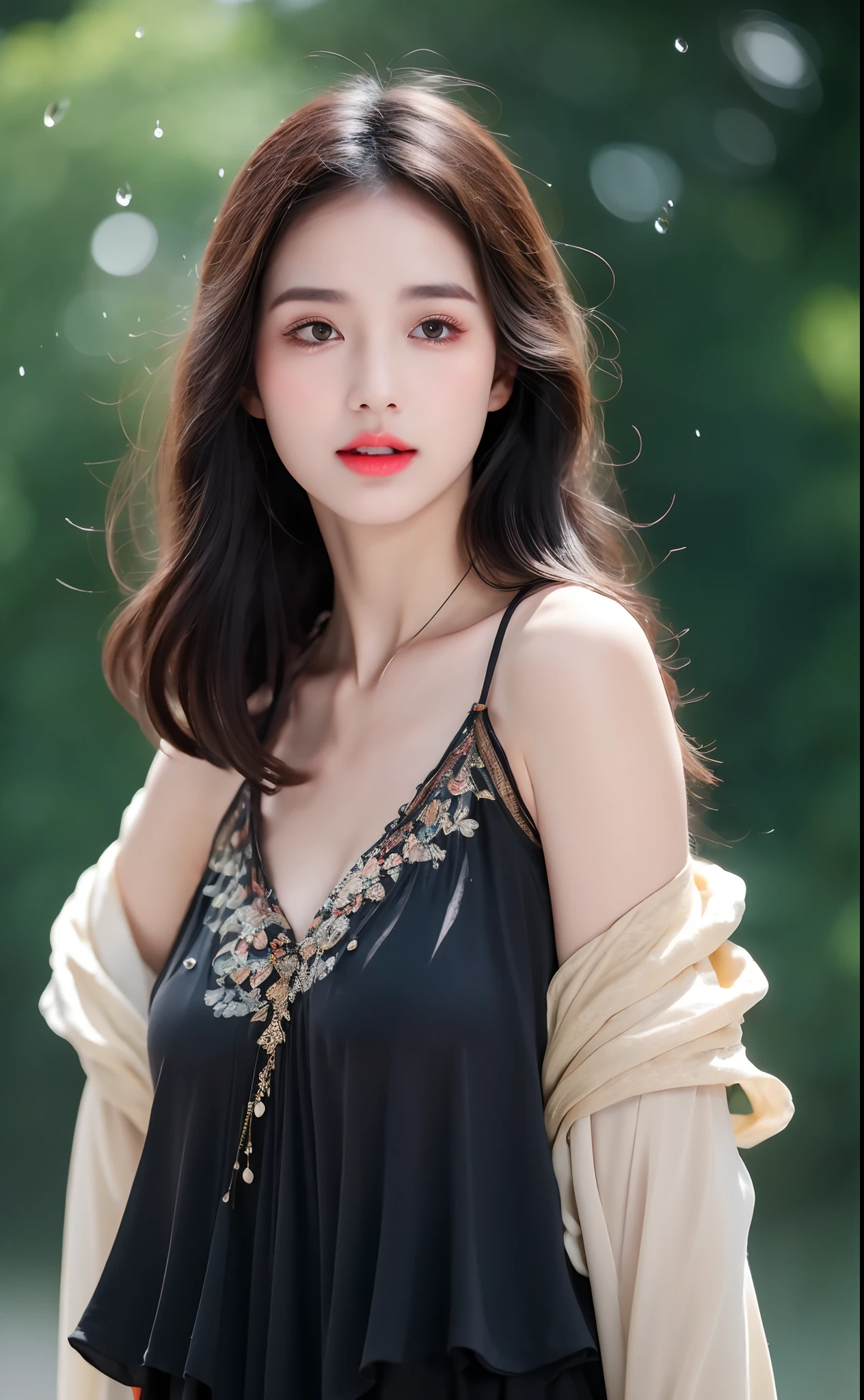 Front light,tree, plant, Palm_tree, water, 1girll, flower, pond, cropped shoulders,shift dresses,Play with clothes, Hair_decorations, potted_plant, Hair_flower, Lily_pads, Solo, Bamboo, branch, Lake,,, day, sash, Looking_at_peeping at the viewer, Grass, Bush, bridge, Obi, Wide_Sleeves,, Long_Hair, leafs,Bigchest,(A half body:1.2),Face lighting