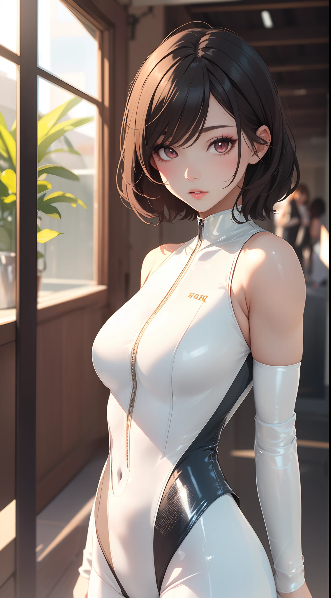 Masterpiece、、、, super high quality, super detail, perfect drawing, solo, beautiful girl, chubby (1.2), (((micro bikini)), sneaking costume, upper body only, gesture of raking up hair with both hands, wide open armpits, soft belly, bulging bust top, sea bathing, white sandy beach, beautiful landscape, sun rays, oblique light, natural light, sparkling water surface, bust up, shot from the front diagonally down, Detailed drawing, accurate drawing,