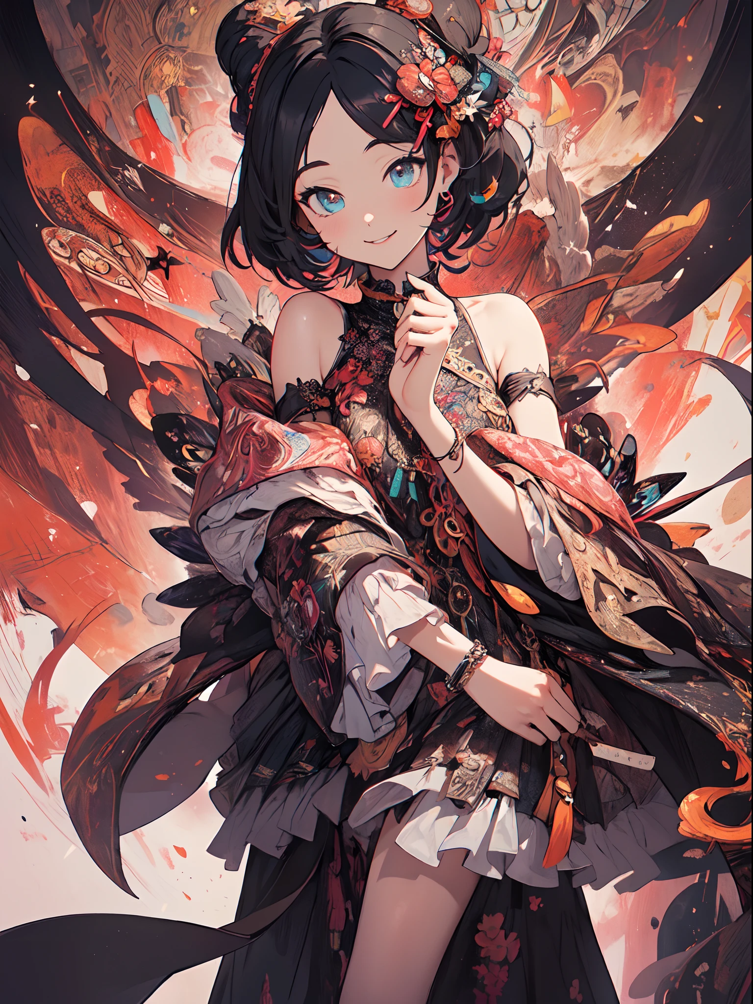 ((Dark Fantasy)),((disaster々Right)),innocent smiles、eye glass、ancient city、(1 girl in), (Solo:1.6),(Cute smile),(Clothes are simple), (Best Impact:1.5), (maximalism:1.7), Vivid contrast, (Realistic), hyperrealistic illustrations, hight resolution, ultra-detailliert, absurderes,(Fractal Art:1.3)、Random hairstyle、Random hair color colorful、FULL BODYSHOT、Retro、Precise focus、randome pose、cinema4d、Drama
