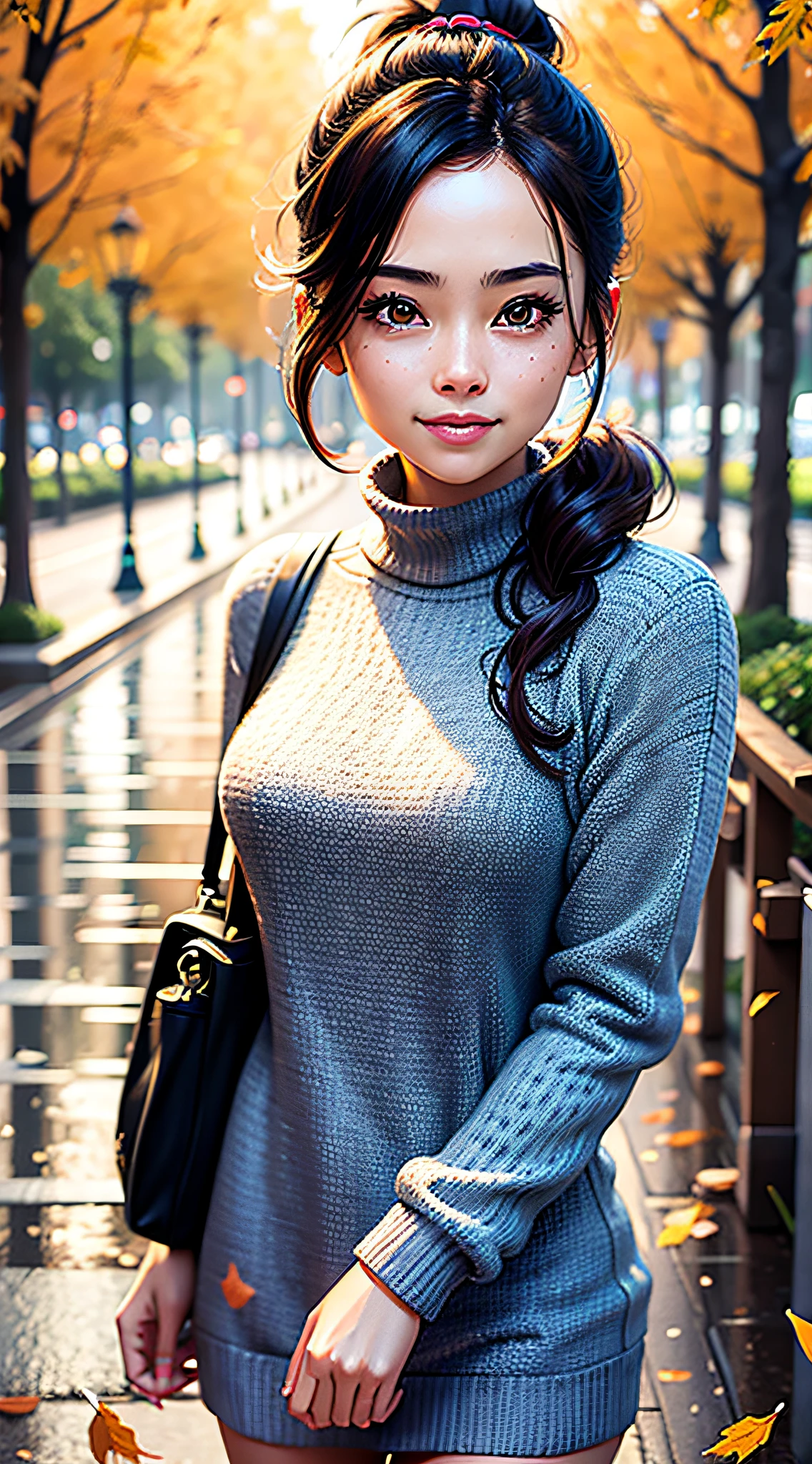 masterpiece, photo realistic, best quality, 1girl, beautiful face, light smile, Messy low ponytail hair, Knit Sweater Dress, A park with autumn leaves and rain-soaked pathways , depth of field, intricate detailed, alluring face, detailed skin, finely detailed, dslr