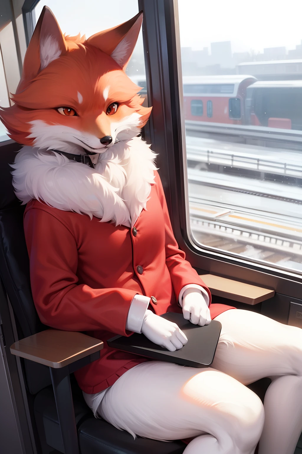 red fox，Light red fur，Sit on the high-speed train，Look inside from the window