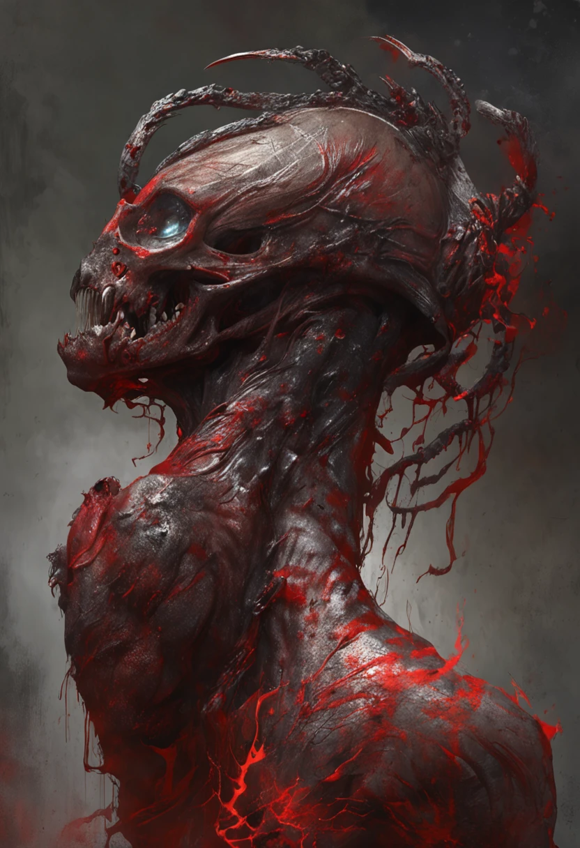 (Aschenhardt Style:1.4), Masterpiece, Best Quality, High Quality,(Dark shapeless creature with dark red glow and red eyes and surrounded by darkness:1.2), (in profile), (Darkness:1.2), Abstraction, Deep Sea, Award-winning photography, Depth of field, HDR, Very detailed, Trending in art stations, Trending in CGsociety, Complex, High detail,(Masterpiece:1.2, Best Quality), (Best Lighting, Very Delicate and Beautiful), (Best Lighting, Very Delicate and Beautiful), (Beautiful Detailed Face), (Detailed Eyes and Detailed Face:1.2), Dark Fantasy, (Young Girl, Little Beast, 1girl, Solo, Crazy Smile, Pale Skin,19 Piercings,((tattoos all over body,Tribal tattoos all over legs)) gray hair, glowing red eyes, dynamic angle, vampire), (get chains, magic circles, graffiti on the wall, in the background)),get demons to be summoned), magic thunder, pointy_ears, fangs,demon wings,demon horns,blood on face,blood rain,blood mist,(depth of field),high contrast,(blood splash:1.4),cowboy shot,full body, black lace up thigh boots,shout, Sacrifice, Magnificent Stage