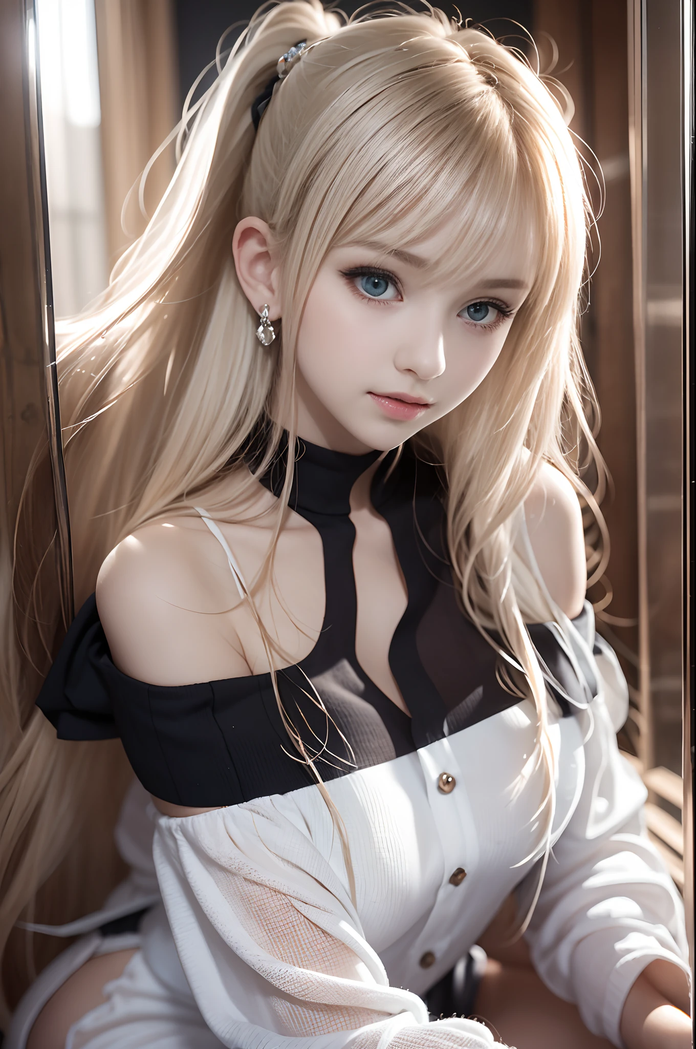 bright expression、Young shiny shiny white shiny skin、Best Looks、Blonde reflected light、Platinum blonde hair with dazzling highlights、shiny light hair,、Super long silky straight hair、Beautiful bangs that shine、Glowing crystal clear attractive big blue eyes、Very beautiful nice cute girl、Lush bust,Beautiful detailed eyes, beautiful detailed nose,(( Full body:1.5)),Makeup that the eyes emphasize、,(Women like Joan of Arc)、Royal style,Comic style, , Sub-surface scattering, ornate detail, nature backdrop, Hyper-realistic, ((Cinematic)), Dramatic Lighting, masutepiece、((Off-the-shoulder white shirt dress:1.4))、((Fight on the battlefield))、(Loose and fluffy perm:1.4)、1 girl in、((Bob Hair:1.3))、Ultra realistic 8K CG, Picture-perfect face, flawless, clean, masutepiece, Professional artwork, famousartwork, Perfect face, Beautiful face, Beautiful eyes, ((Perfect female body)), Solo,(Immersive atmosphere, Chiaroscuro:1.5,Bright light:1.2,Luminous lighting),(blush:0.5),fascinated expression,Extremely detailed_Eyes,thick thighs,Large breasts,beautifullydetailedbackground,depth of fields,Realistic:1.3, longshot,Sitting, Full body, (ambient lights:1.3),(Cinematic composition:1.3),(Neon light:0.1),(nffsw:0.1),Accent Lighting, pantyhose,Dynamic poses