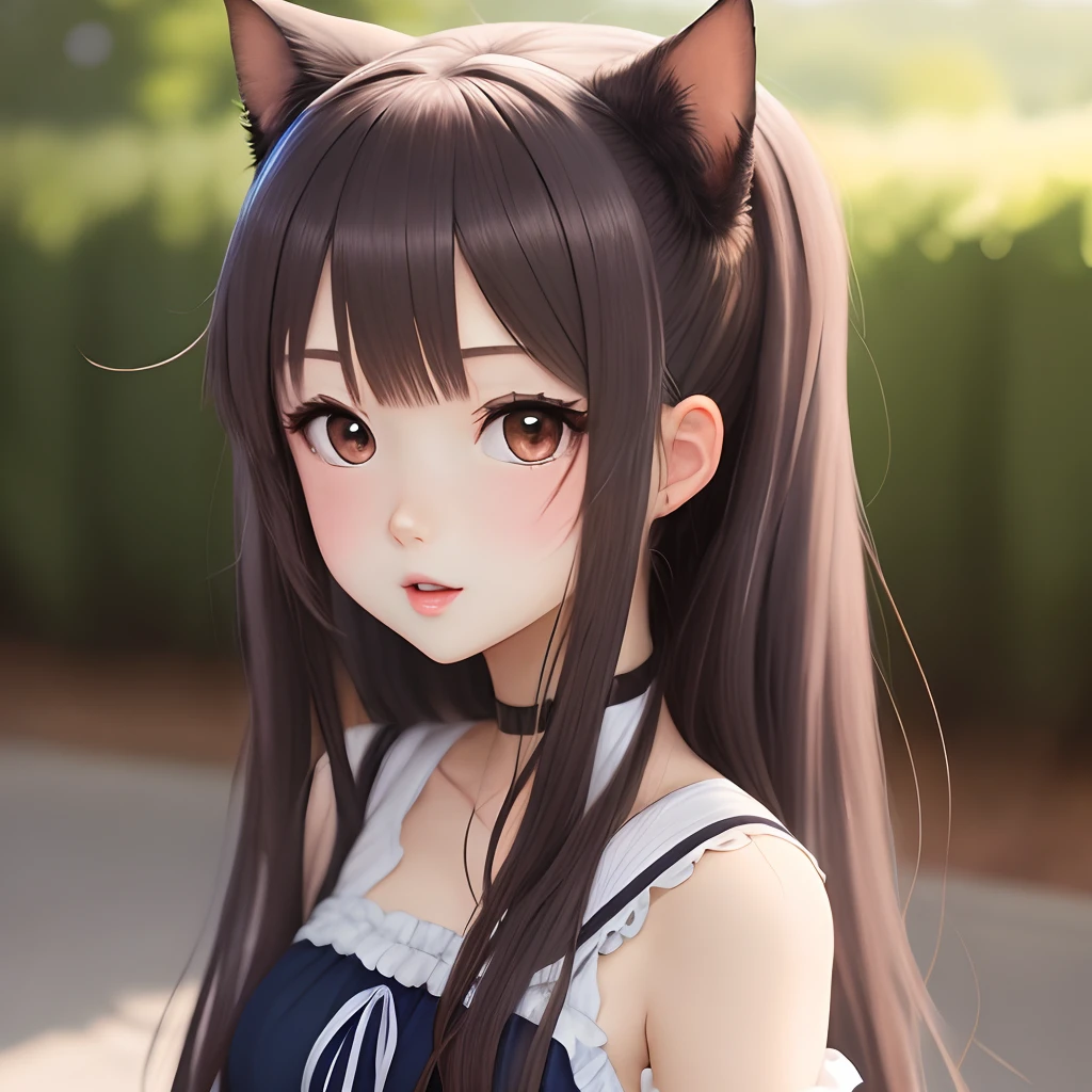 solo, shy smile, very long disheveled brown hair with a dark purple tint, Young girl, perfect brown eyes, expressive eyes, looking at viewer, 8k wallpaper, perfect lighting, masterpiece, (Beautiful small Breasts:1.2), (slender girl), bangs between the eyes, summer day, band on the head in the form of cat ears, short dark blue pleated skirt with white short sleeve shirt, parororo