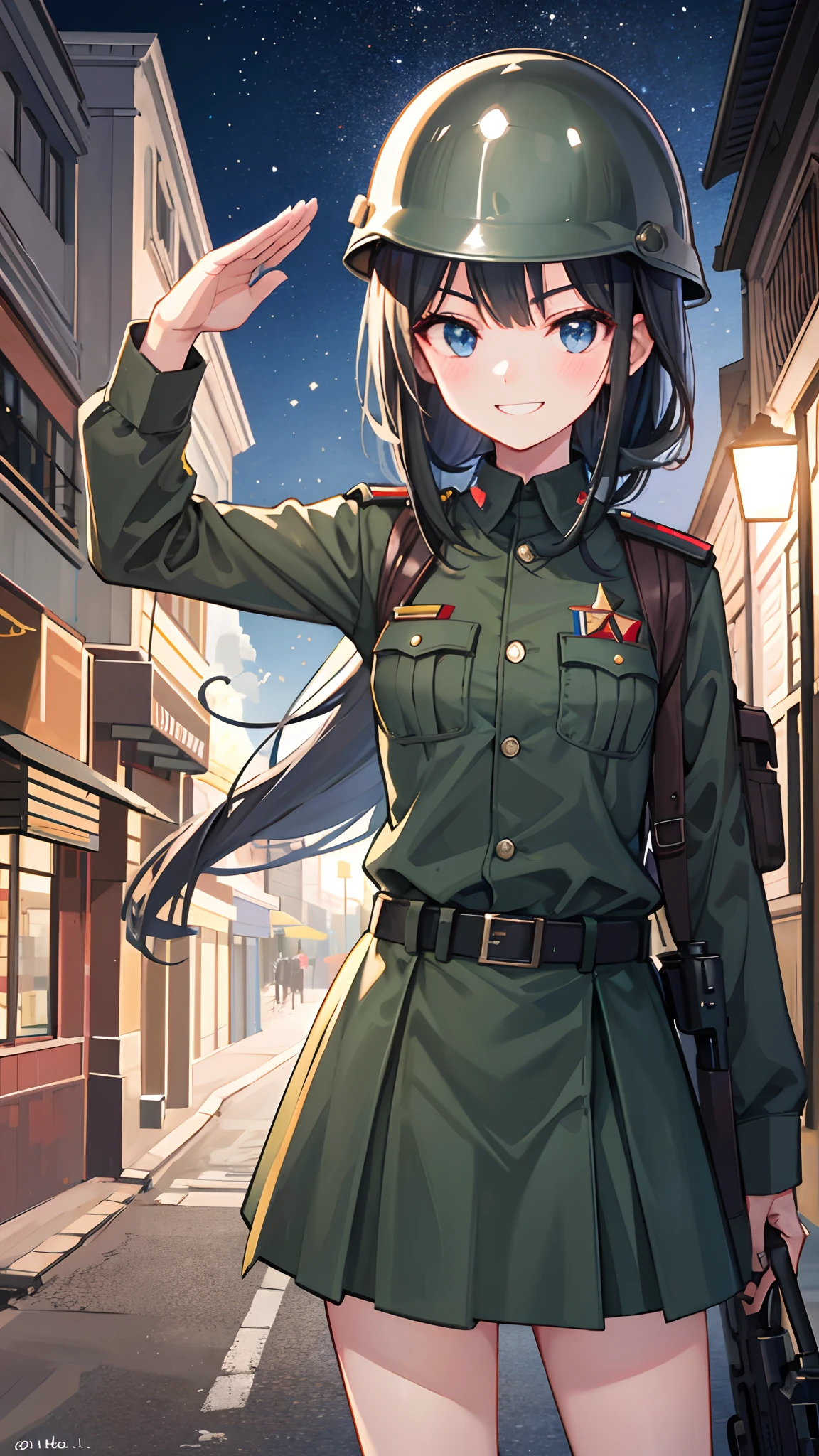 A girl in military uniform，Gun in hand，grinning smile，Shy，Warm street lights，down town，Superskirt，saluting，Wear a steel helmet，The steel helmet has a solid red five-pointed star