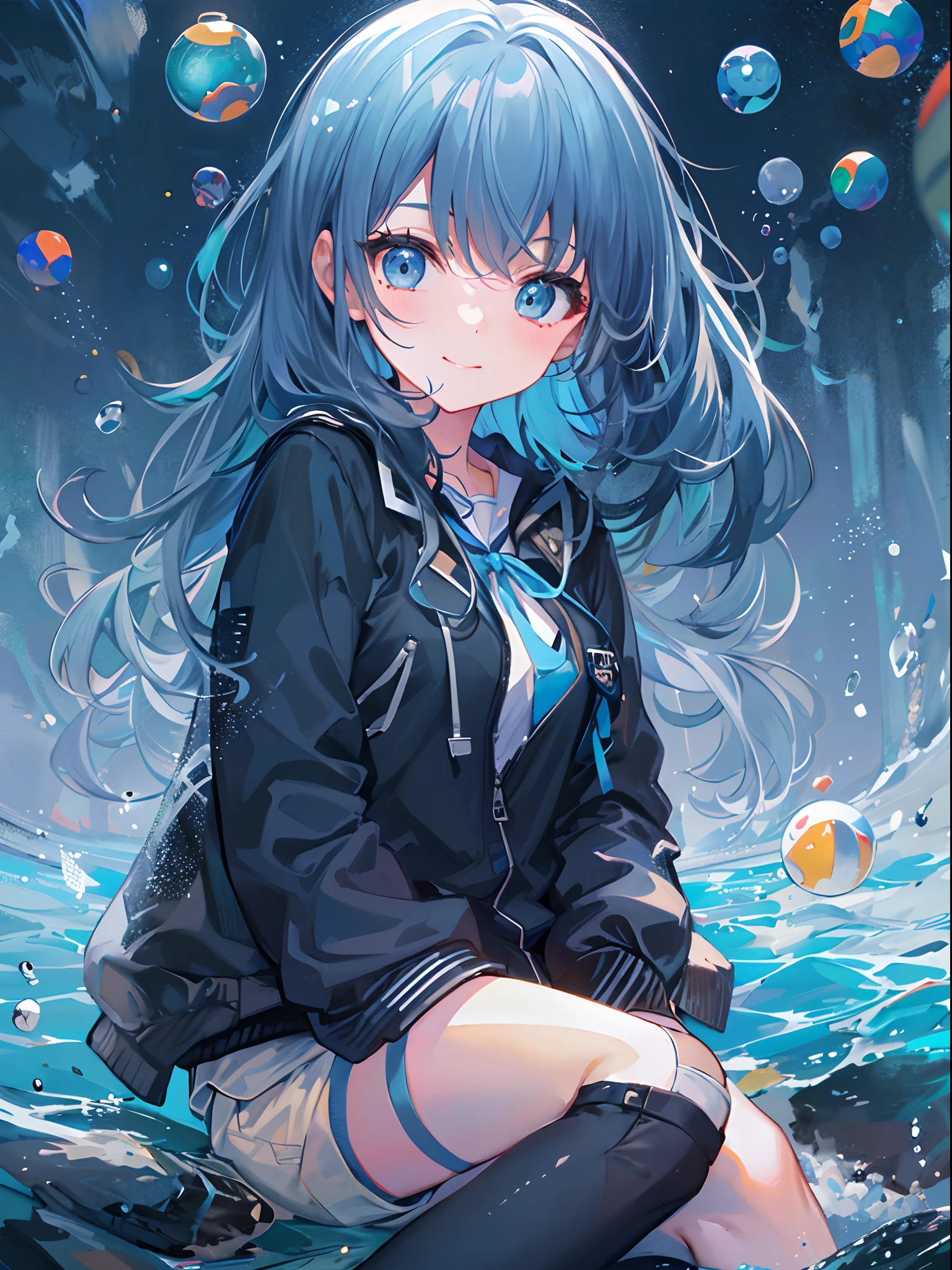 ((top-quality)), ((masterpiece)), ((ultra-detailliert)), (extremely delicate and beautiful), girl with, 独奏, cold attitude,((Black jacket)),She is very(relax)with the(Settled down)Looks,A dark-haired, depth of fields,evil smile,Bubble, under the water, Air bubble,bright light blue eyes,Inner color with black hair and light blue tips,Cold background,Bob Hair - Linear Art, shortpants、knee high socks、White uniform like school uniform、Light blue ribbon ties、Clothes are sheer、Hands in pockets、Ponytail hair