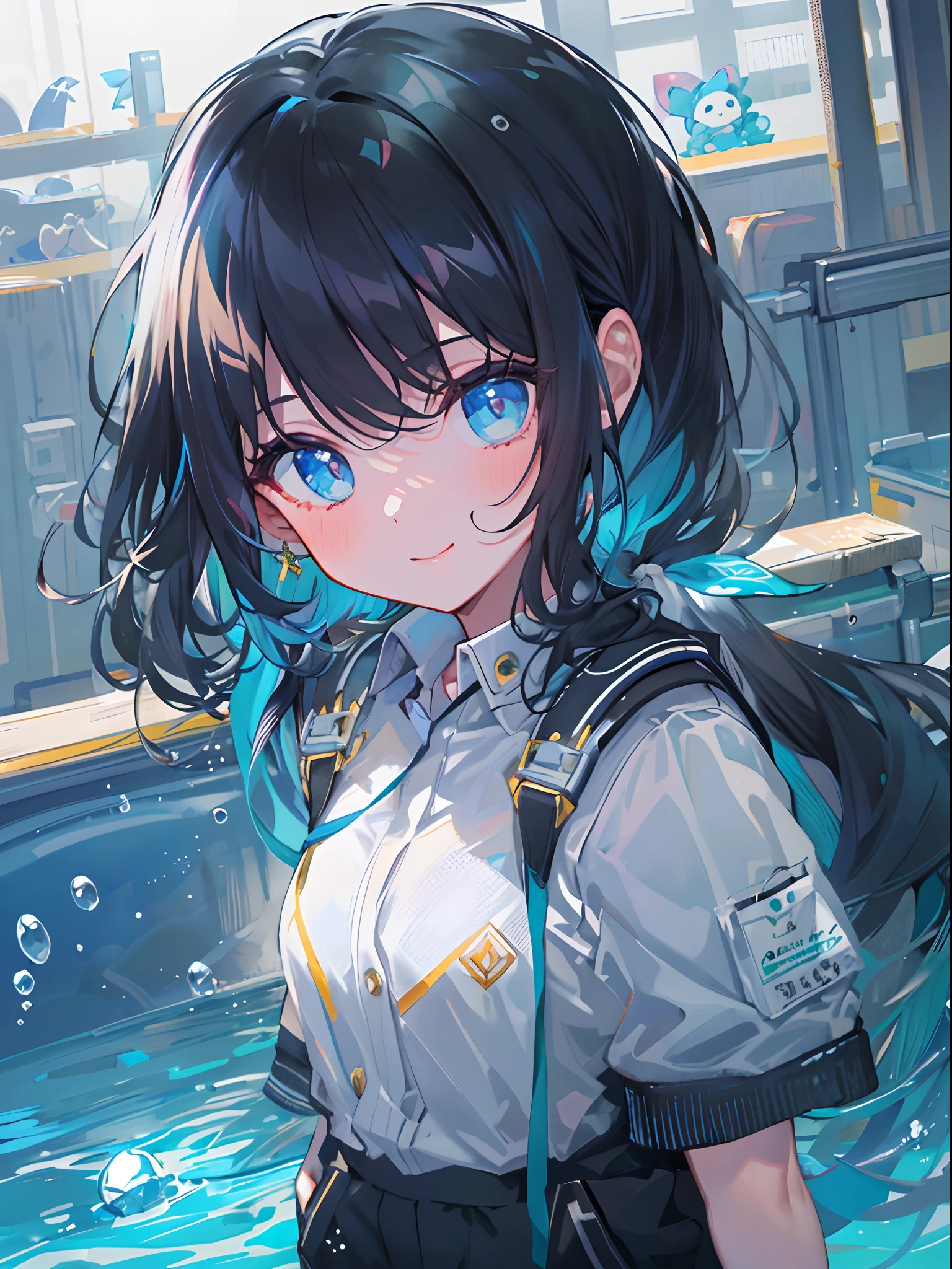 ((top-quality)), ((masterpiece)), ((ultra-detailliert)), (extremely delicate and beautiful), girl with, 独奏, cold attitude,((Black jacket)),She is very(relax)with the(Settled down)Looks,A dark-haired, depth of fields,evil smile,Bubble, under the water, Air bubble,bright light blue eyes,Inner color with black hair and light blue tips,Cold background,Bob Hair - Linear Art, shortpants、knee high socks、White uniform like school uniform、Light blue ribbon ties、Clothes are sheer、Hands in pockets、Ponytail hair